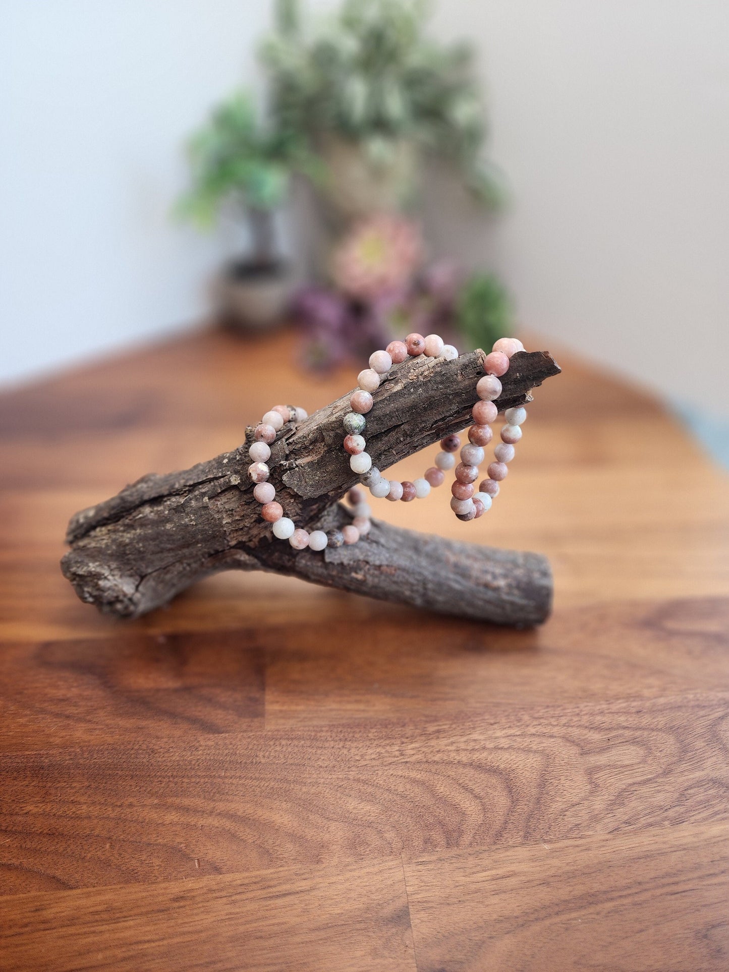 Pink Spicy Jasper Bracelet | 8MM Crystal Beads | Red Plum Jasper | Pink, and White Stone Jewelry with hints of green | Lotus Tourmaline