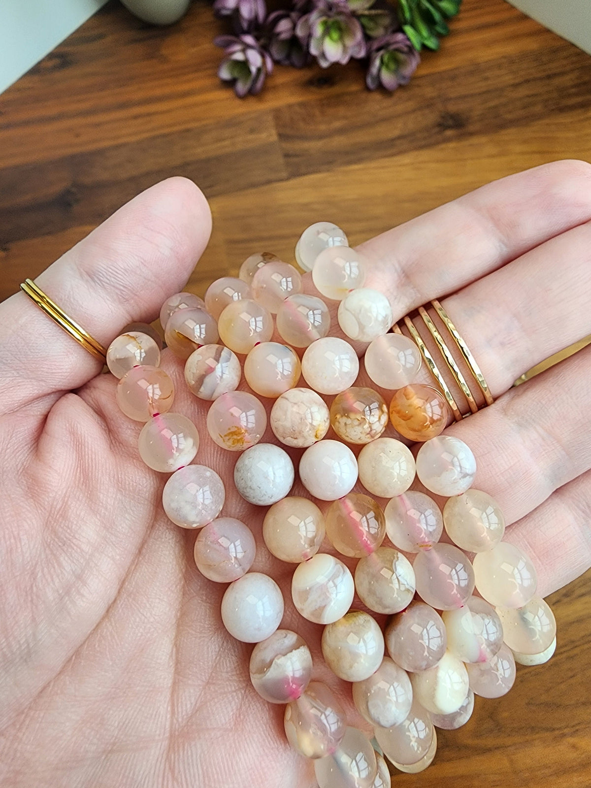 Flower Agate Bracelet: 8MM Crystal beads in peachy pink hues with Blossom Inclusions | Spring or Easter | Summer Garden Outfit Idea