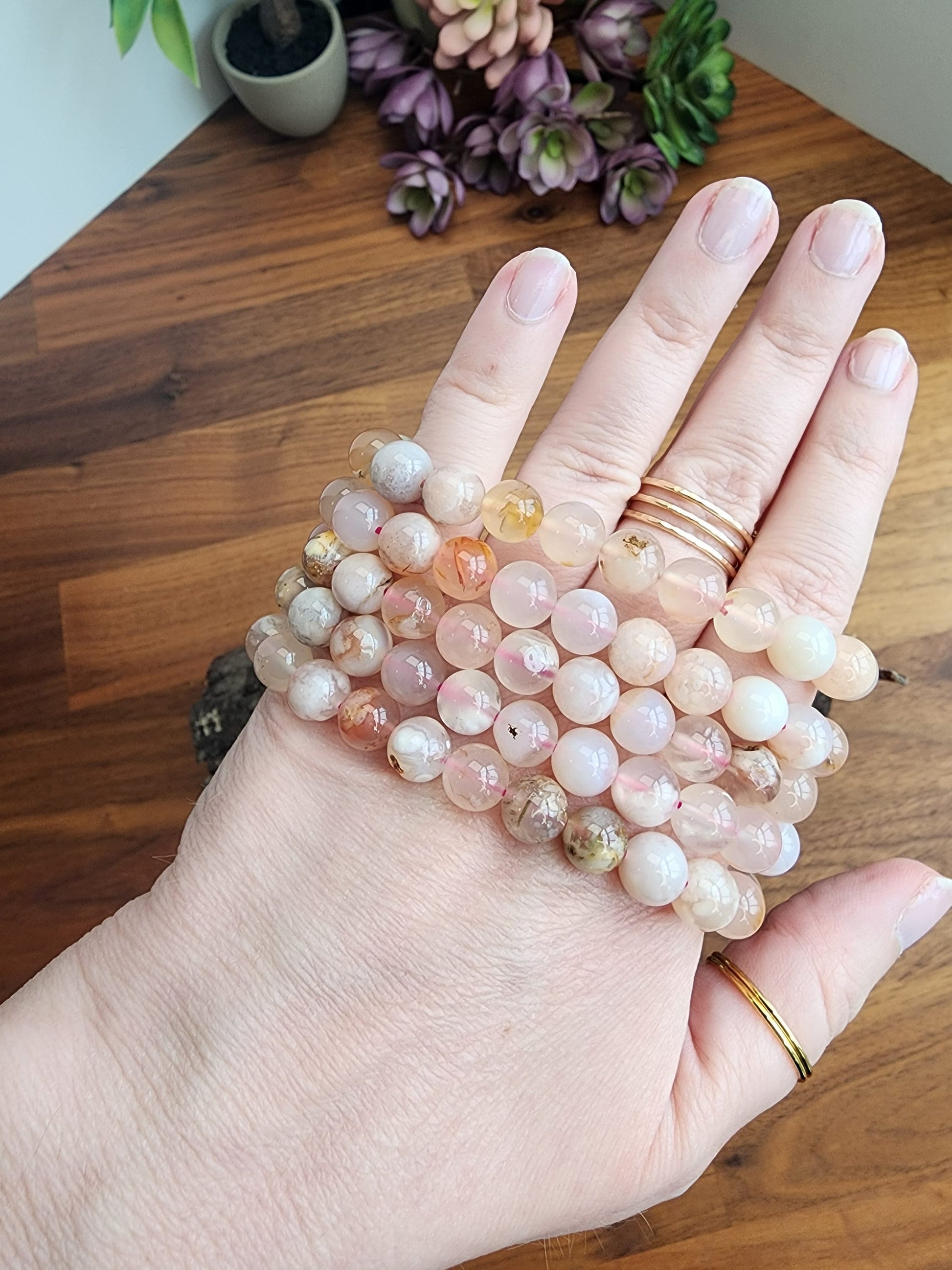 Flower Agate Bracelet | Natural 8MM flowered Beads on Stretchy Band | Intuitively Chosen