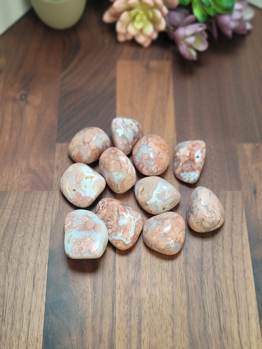 Pretty Pink Flower Agate Crystal Tumble | Cotton Candy Agate | Medium 2.25 Inches | Pink White and Red | Intuitively Chosen