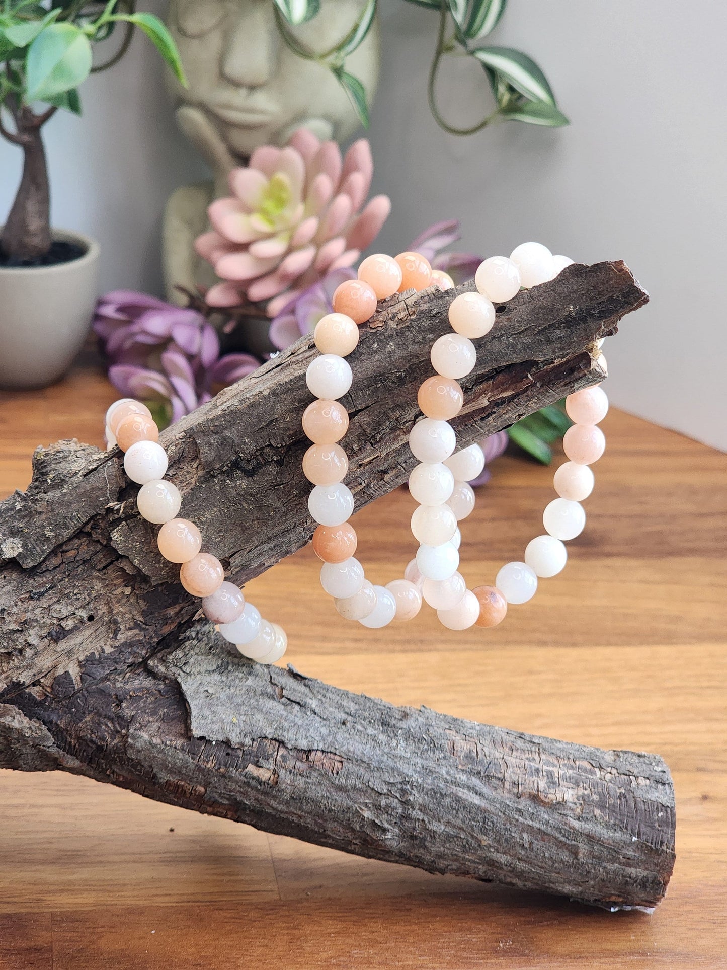 Peach Aventurine | 8MM Crystal Bracelet | Pale Pink, Peachy Maeve, Blush & White Beads | Spring Fashion Accesories or great gift for Mom