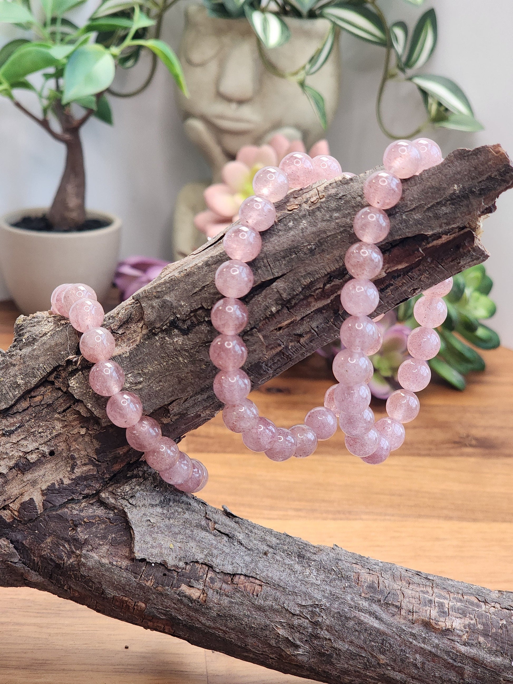 Strawberry Quartz Bracelet | 8MM Crystal Beads | Light Pink & High Quality | Stretchy Band | Beautiful Valentines Gift | Intuitively Chosen