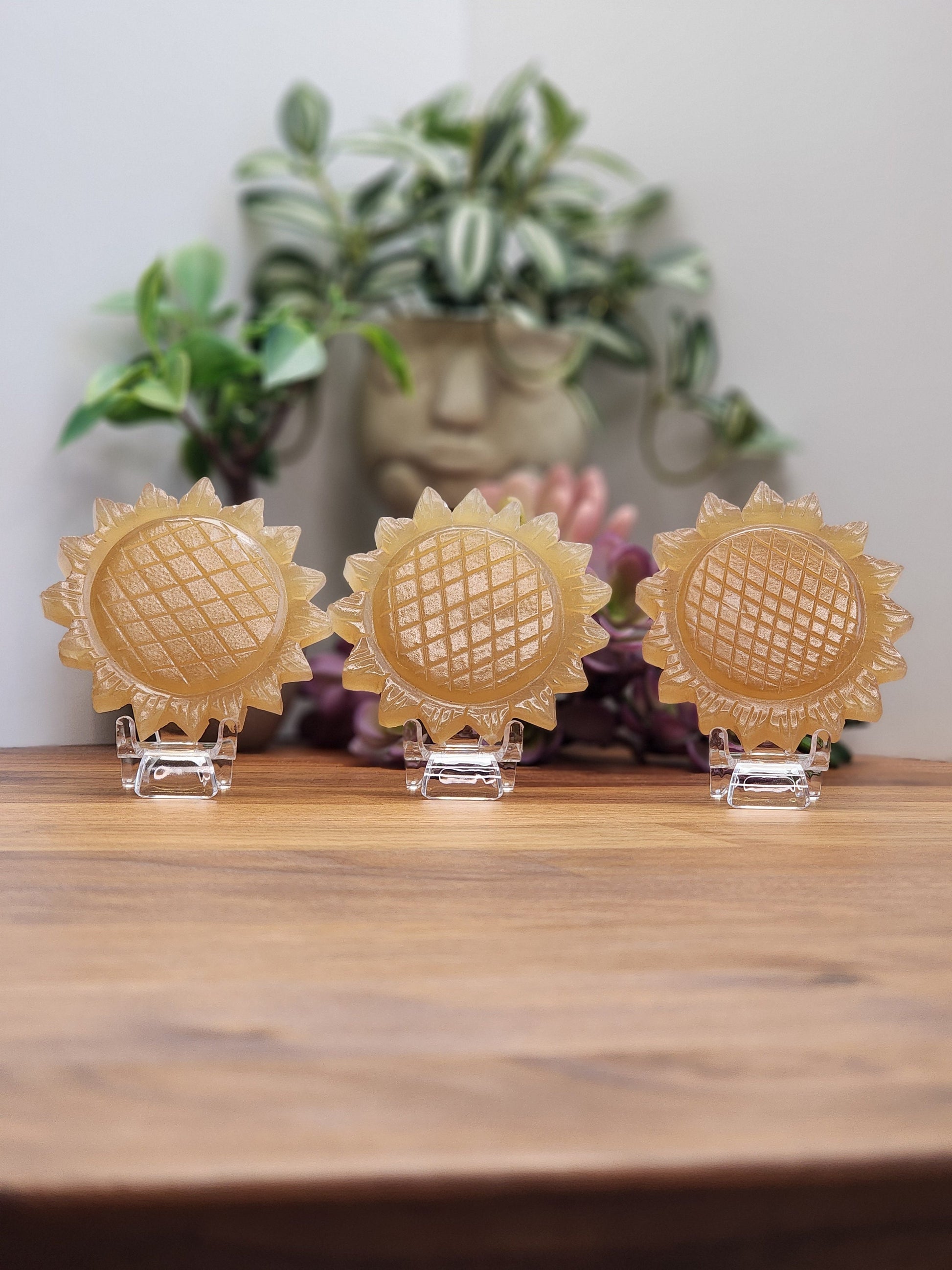 Honey Calcite Sunflower: 3D Crystal Carving, Golden Amber Stone
