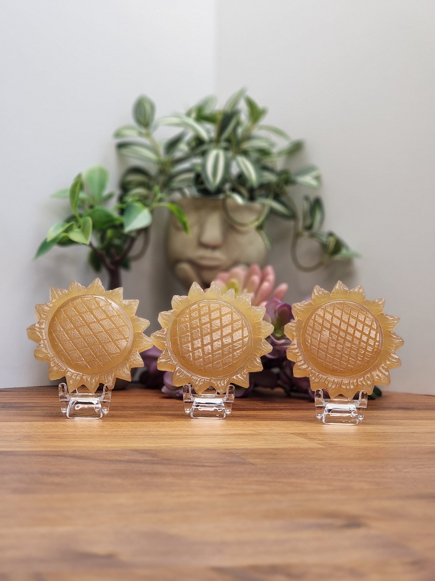 Honey Calcite Sunflower: 3D Crystal Carving, Golden Amber Stone