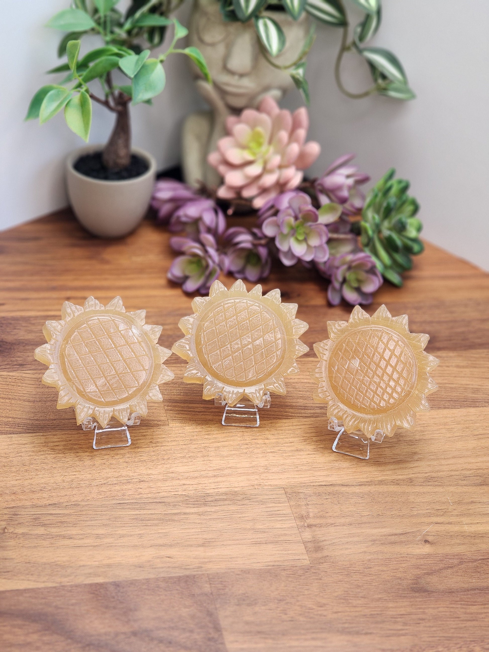 Honey Calcite Sunflower: 3D Crystal Carving, Golden Amber Stone