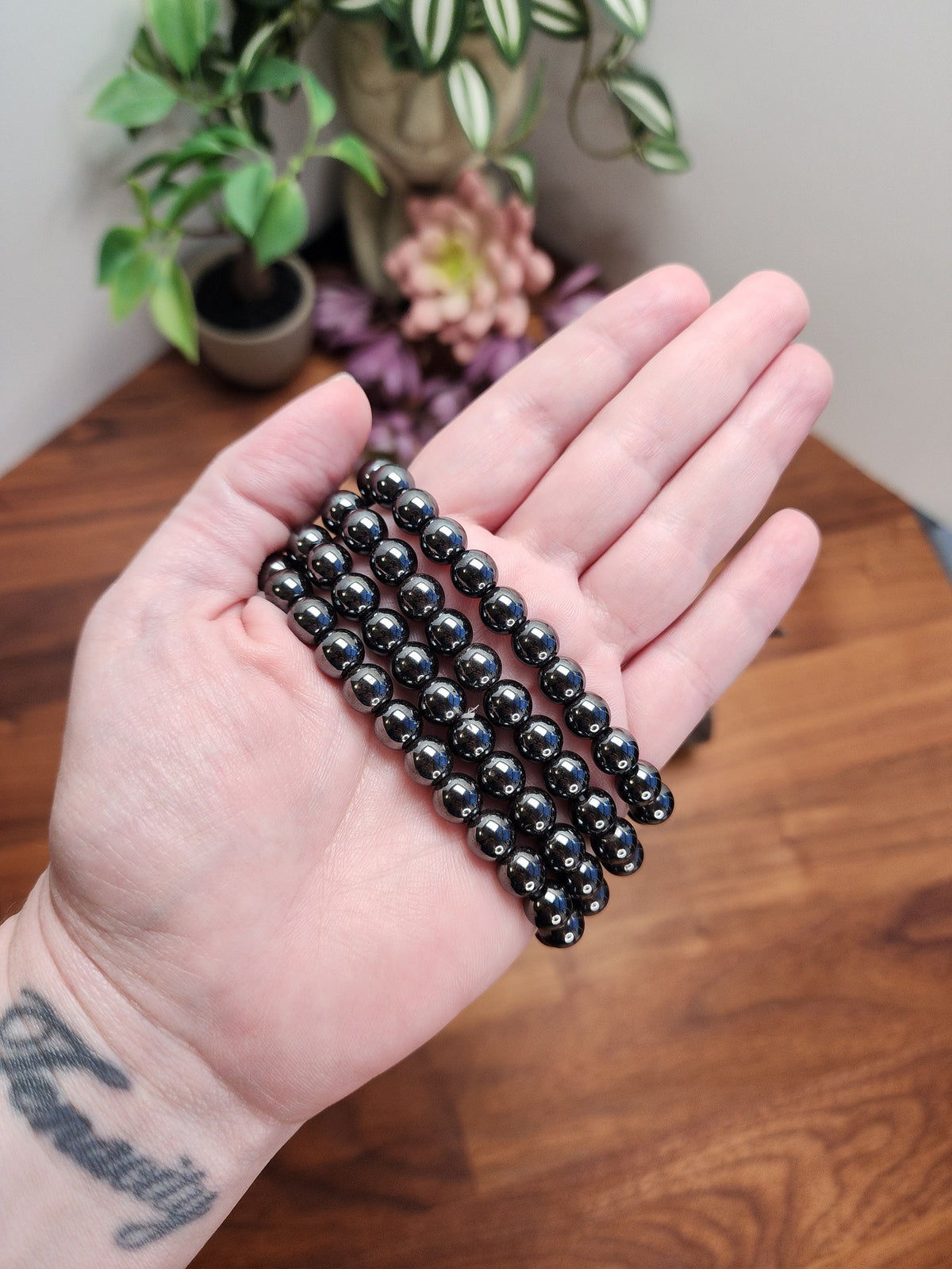 Hematite Crystal Bracelet: 8MM Tera Hertz Beads | Shiny Silver Metallic Gray and Black | Grounding Stone for Iron Warrior Energy