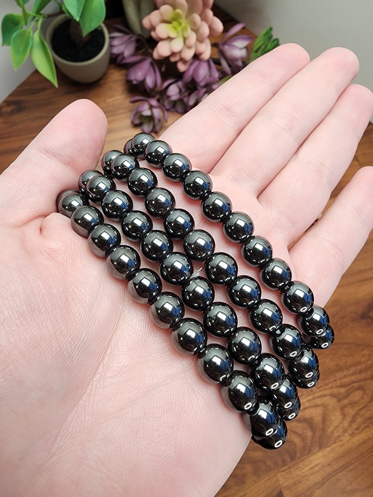 Hematite Crystal Bracelet: 8MM Tera Hertz Beads | Shiny Silver Metallic Gray and Black | Grounding Stone for Iron Warrior Energy