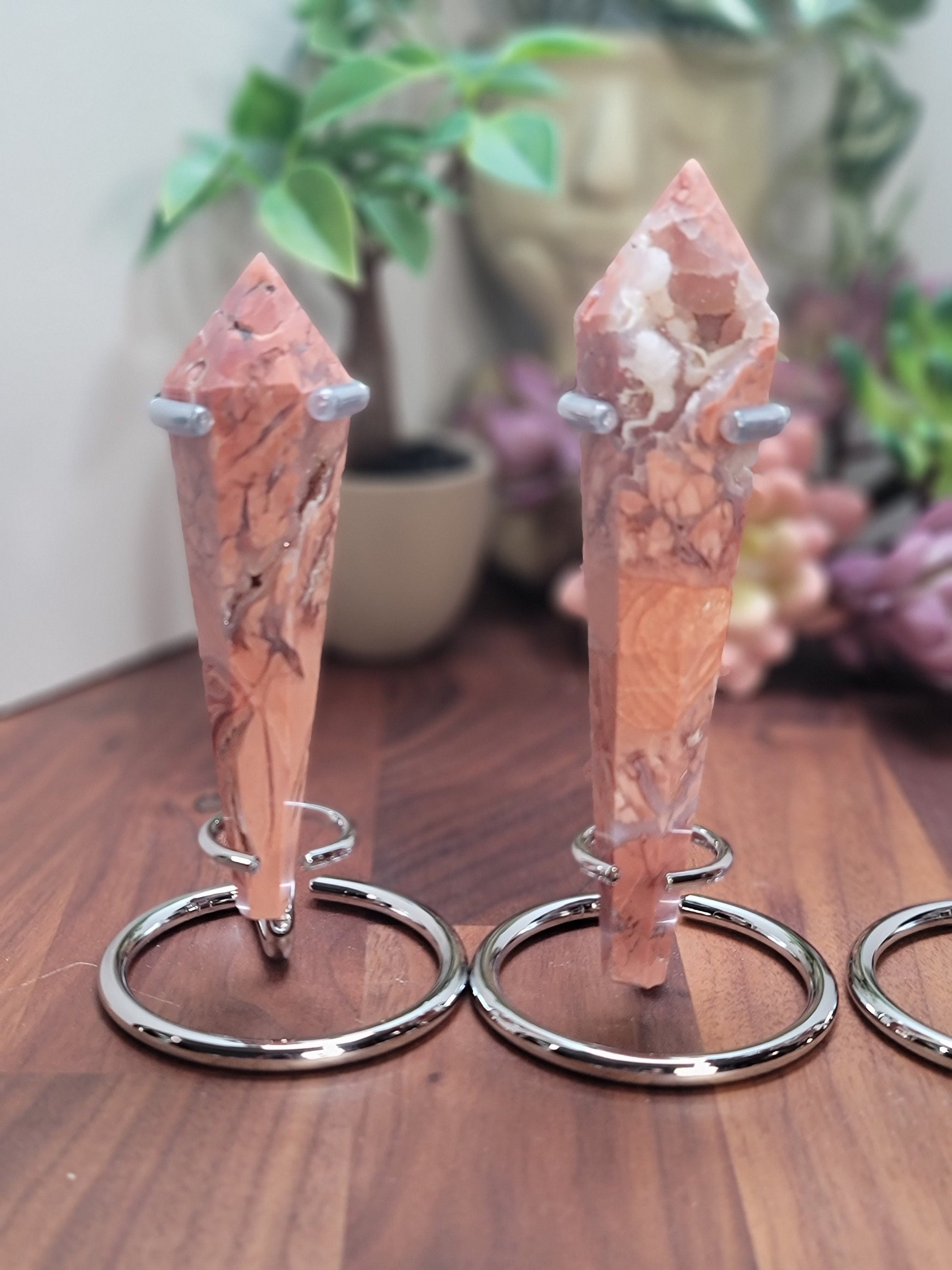 Pretty Pink Flower Agate Scepter w/ Stand | Cotton Candy Agate | Pink Red and White Crystal Point | Choose Your Own