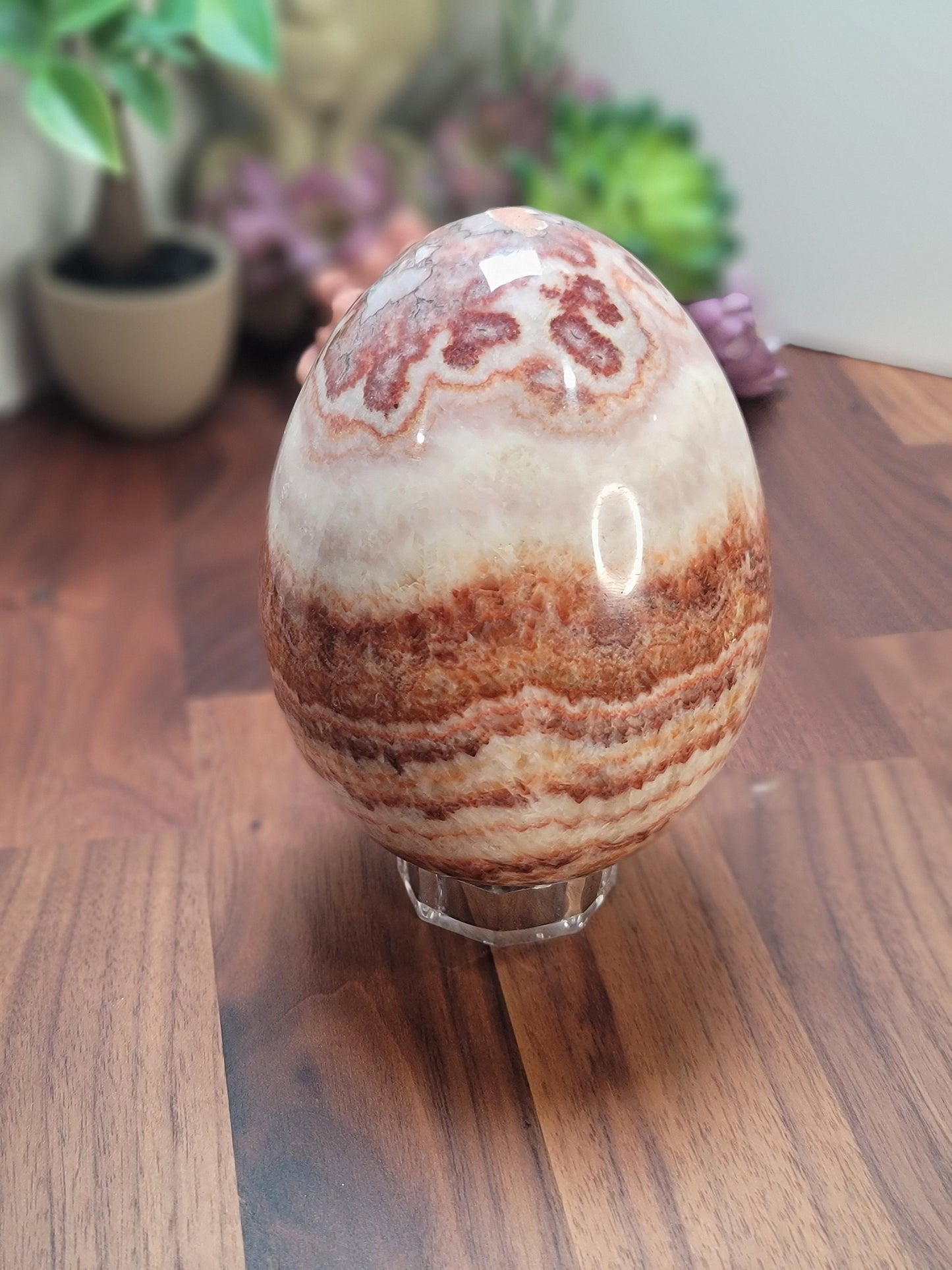 Gorgeous Banded Porkstone Egg | Size | Red, Pink, White & Brown Banded Calcite | Bacon Crystal | Intuitively Chosen