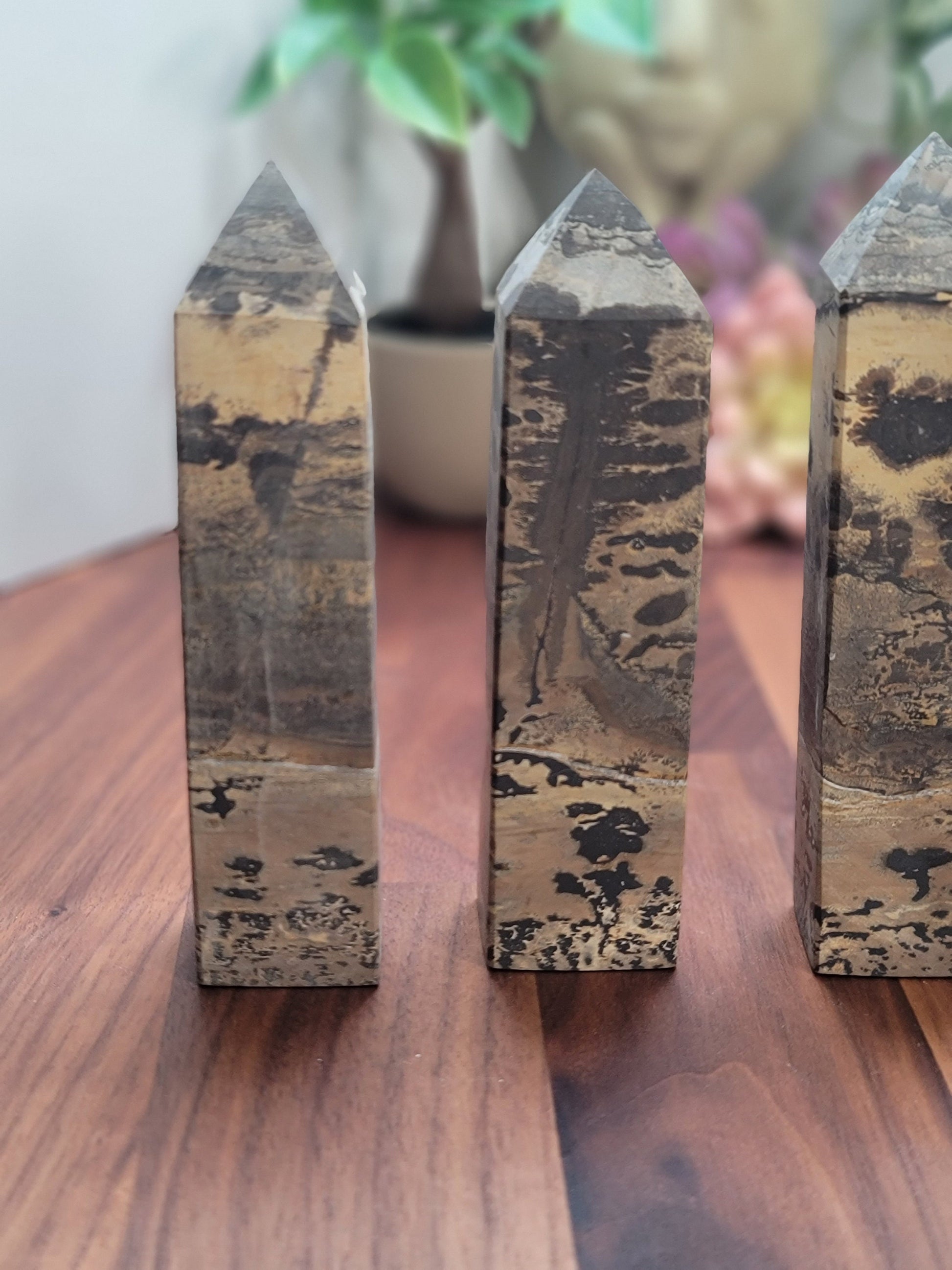 Picture Jasper Crystal Tower | Medium 4.7" Desert Scene Points | Gray Yellow and Black Natural Home Decor for Granola Girls