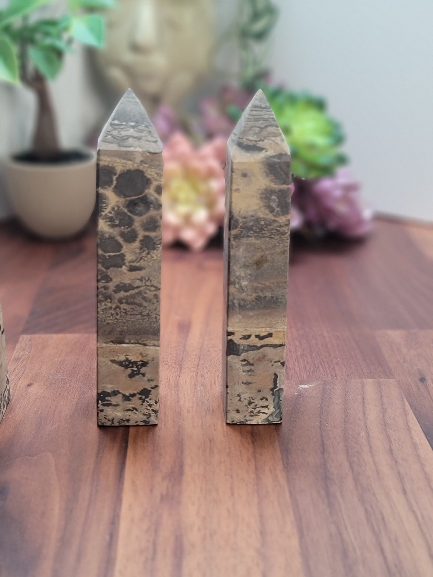 Picture Jasper Crystal Tower | Medium 4.7" Desert Scene Points | Gray Yellow and Black Natural Home Decor for Granola Girls