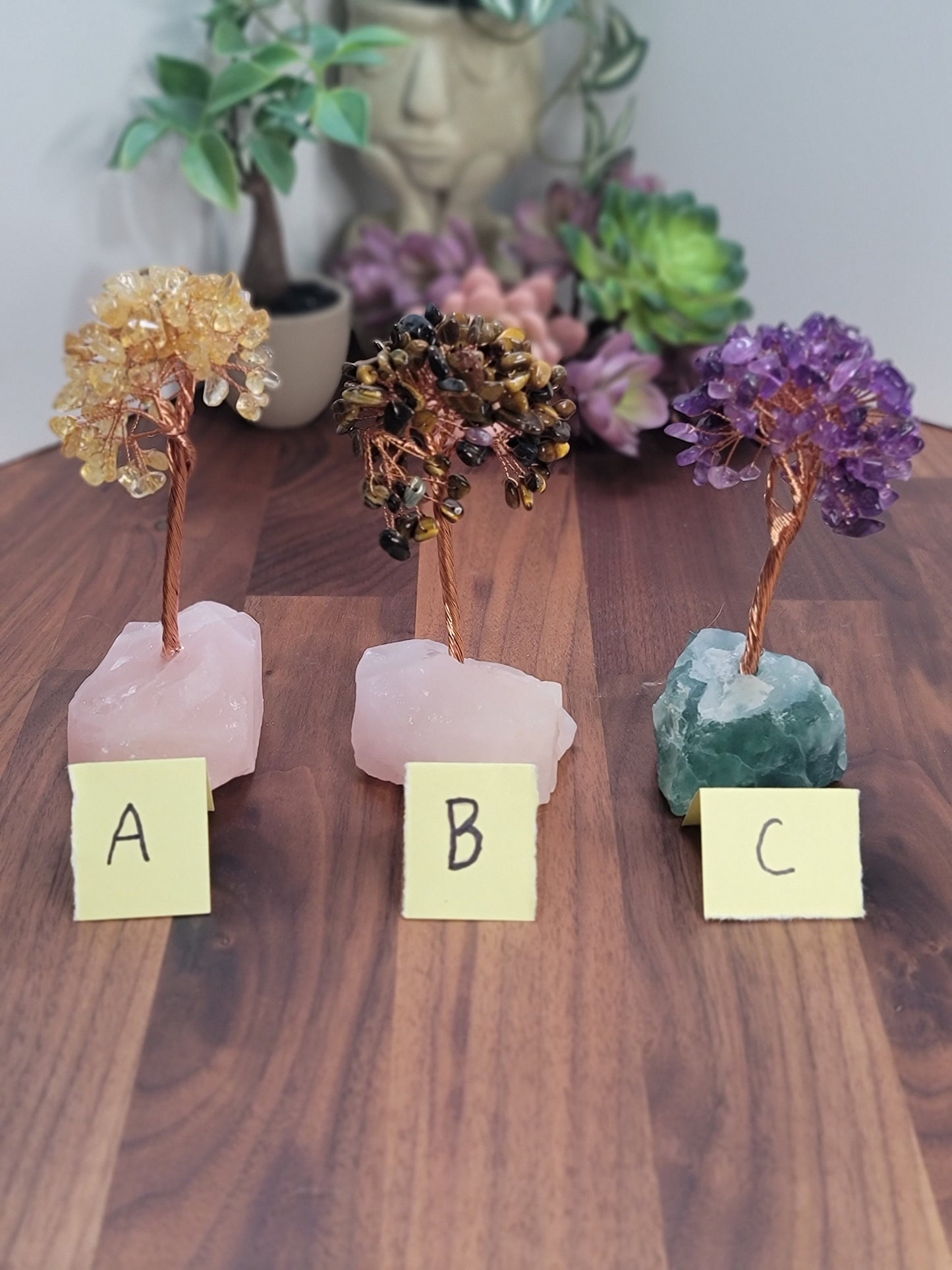 Crystal Tree Decor: Citrine, Tiger's Eye & Amethyst on Base