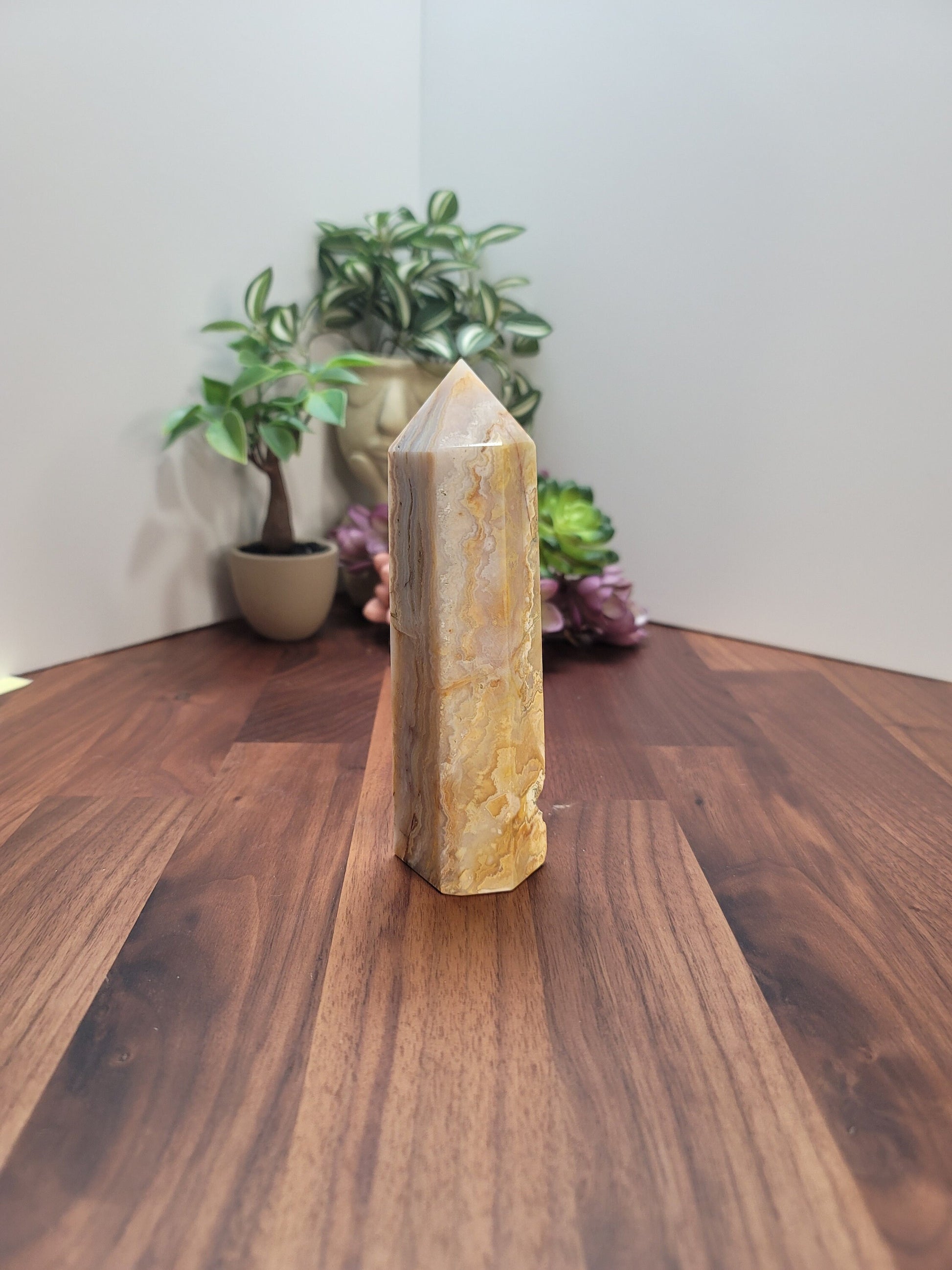 Crazy Lace Agate Crystal Tower | 6 Inches | Alpha | Yellow Brown and White Crystal Point | Only 1 Available