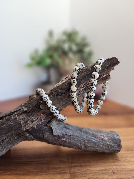 Dalmatian Jasper Bracelet: 8MM Crystal Beads | Natural Black Spots on Beige Cream Matrix | Nature's Polka Dots | Pet Rememberance Gift