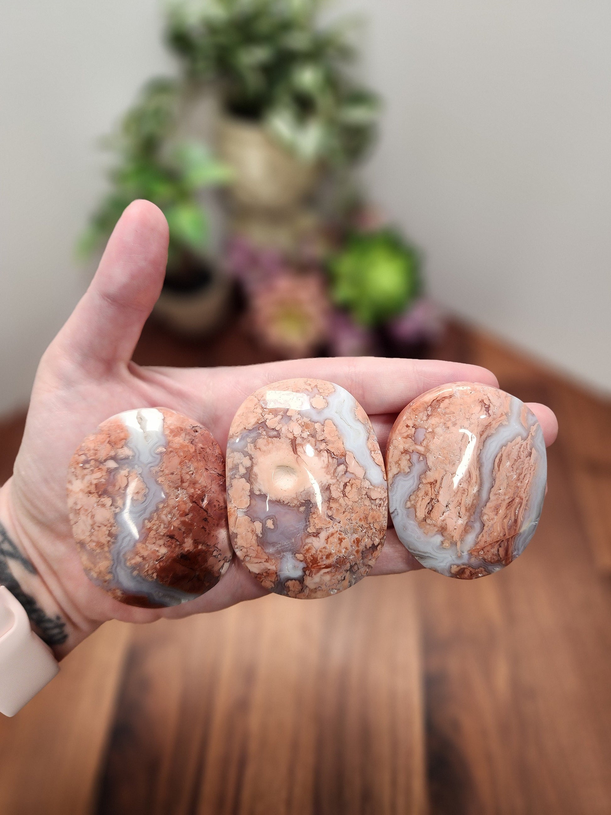 Pink Flower Agate Palm Stone | 64 MM | Pink Red Brown and White | Pocket Crystals | ADHD Fidget | Cotton Candy Agate