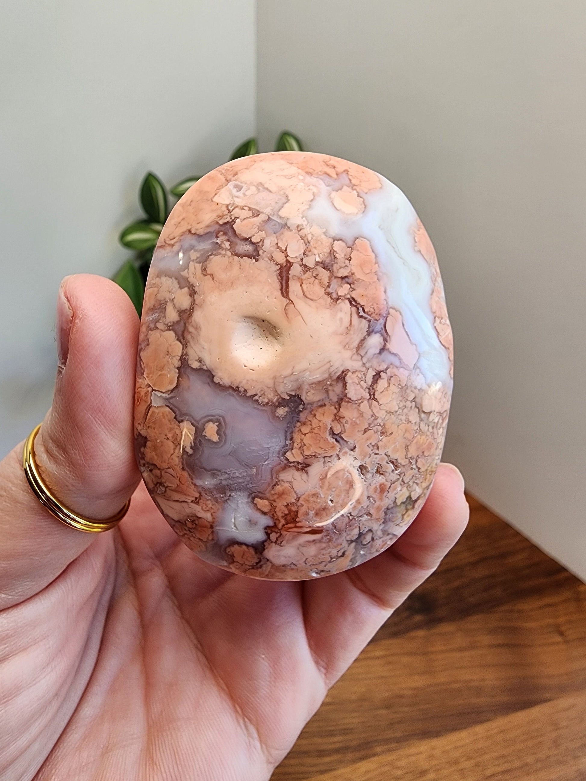 Pink Flower Agate Palm Stone | 64 MM | Pink Red Brown and White | Pocket Crystals | ADHD Fidget | Cotton Candy Agate