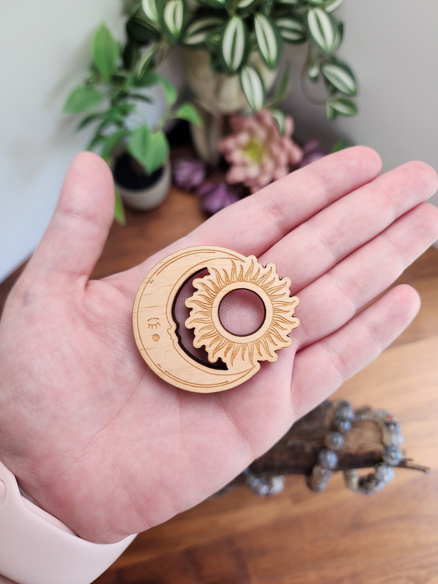 Celestial Wood Crystal Sphere Stand: Sun & Moon Decor (2 inch)