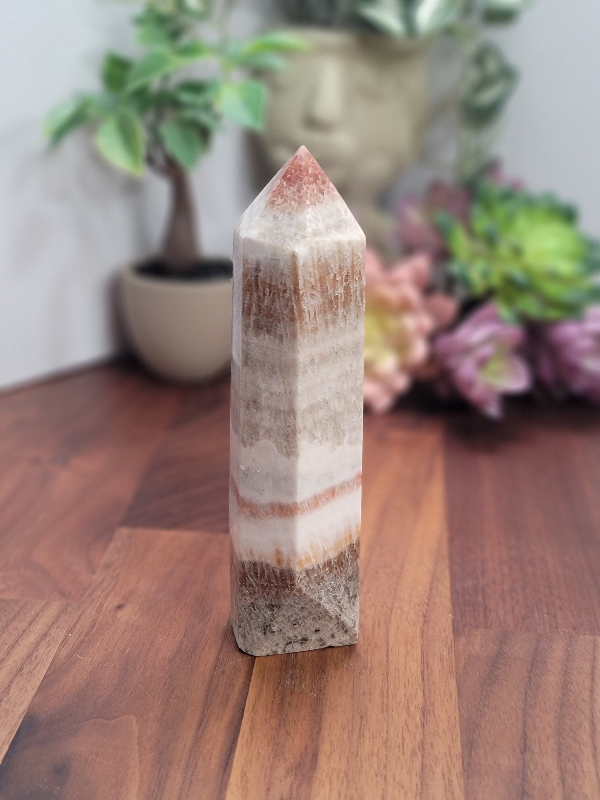 Chunky Porkstone Crystal Tower | Pink Banded with Sandy Beige & White colors Crystal Point | Only 1 Available