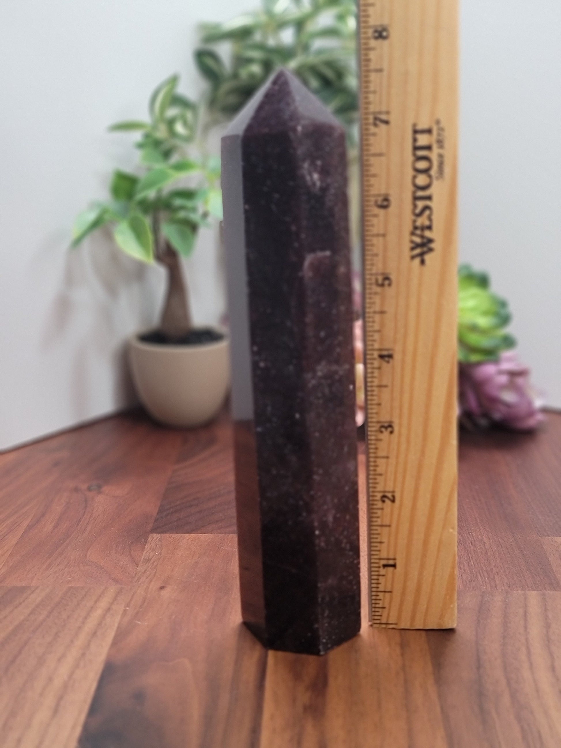 Unicorn Stone Tower | Cecelia (C) | 7.5 inch | XL | Lepidolite, Pink Tourmaline & Smokey Quartz Crystal Point | Dark Purple | Galaxy Stone