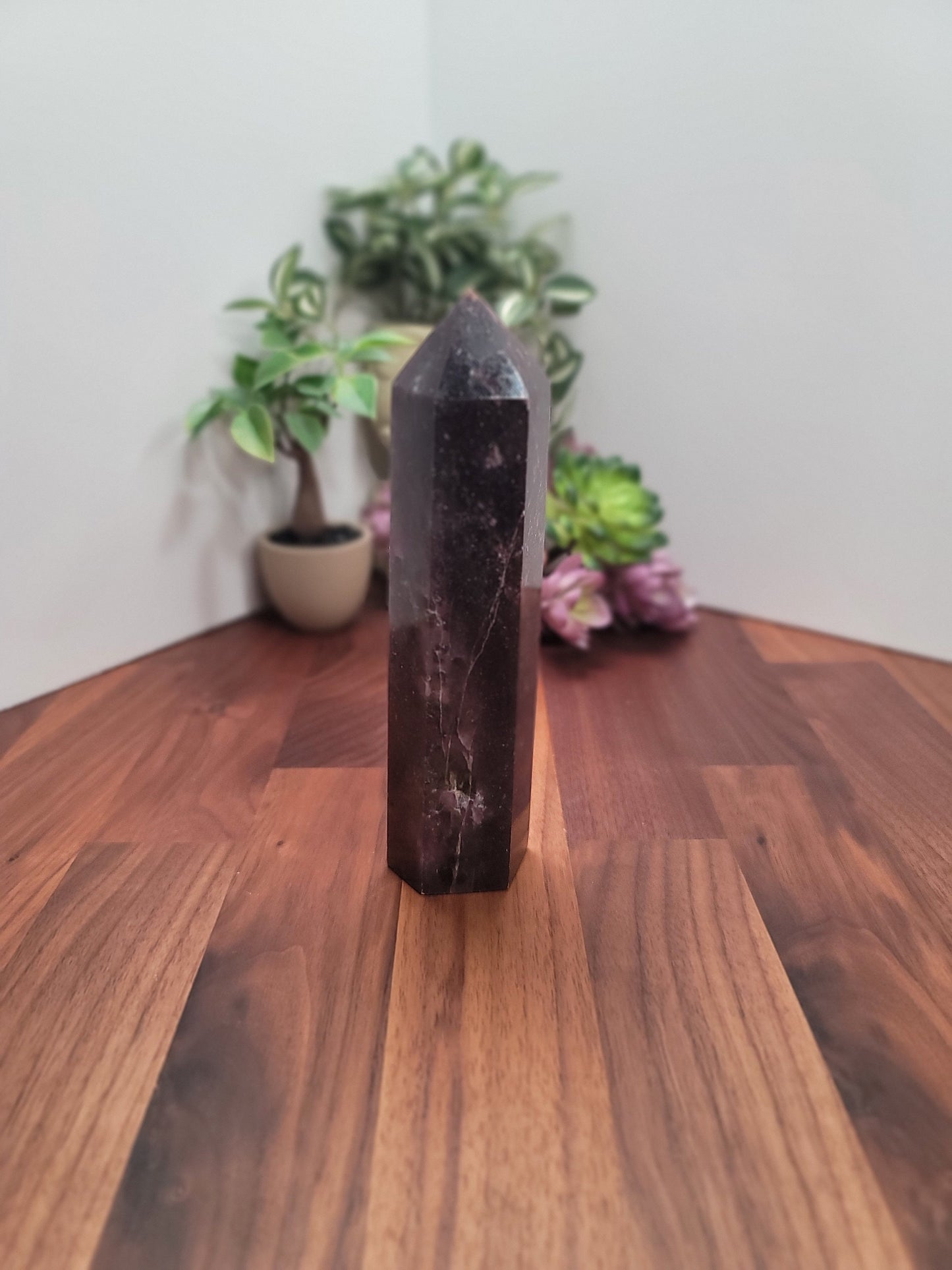 Unicorn Stone Tower | Bedelia (B) | 7 inch | XL | Lepidolite, Pink Tourmaline & Smokey Quartz Crystal Point | Dark Purple | Galaxy Stone