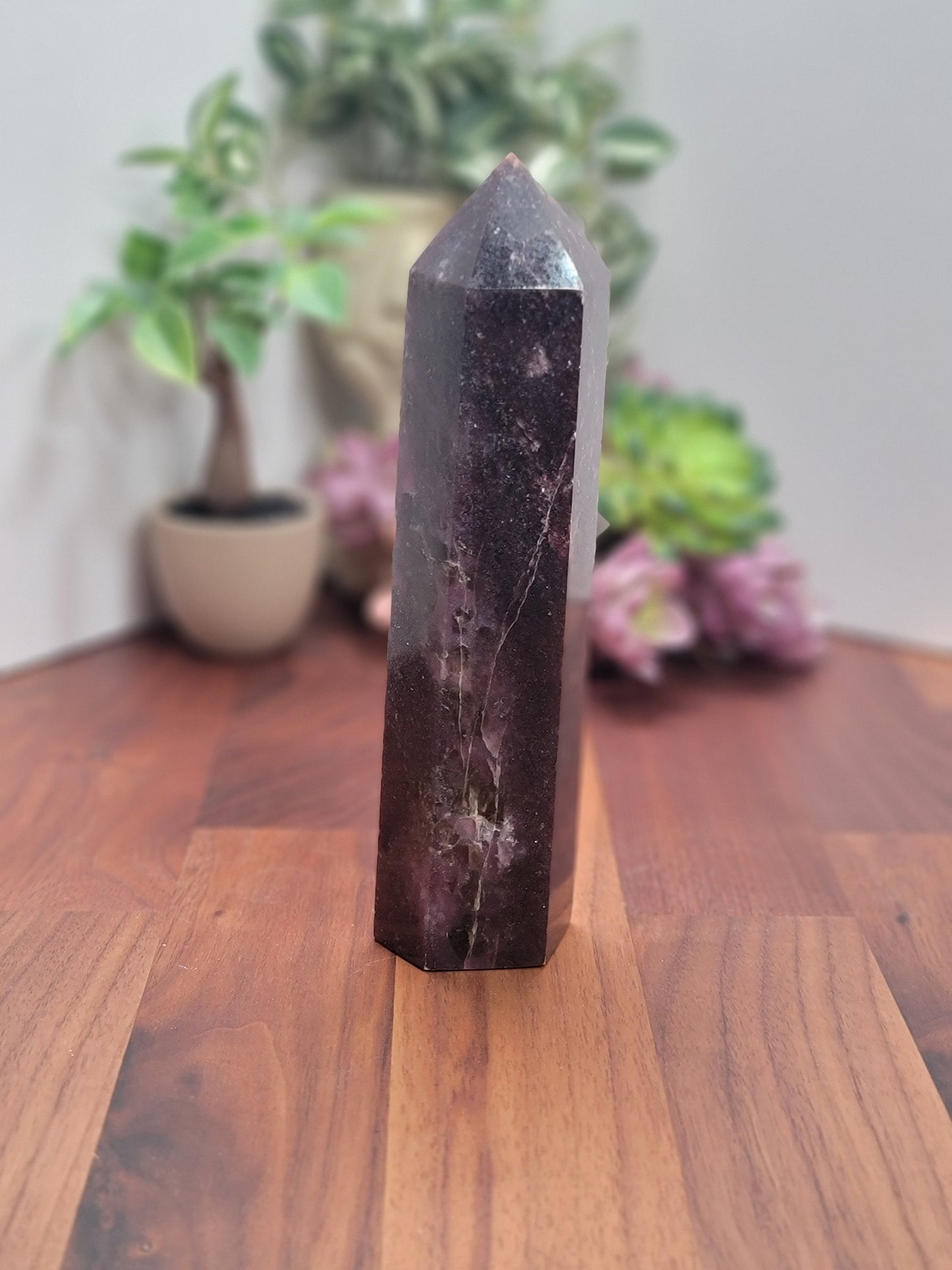 Unicorn Stone Tower | Bedelia (B) | 7 inch | XL | Lepidolite, Pink Tourmaline & Smokey Quartz Crystal Point | Dark Purple | Galaxy Stone