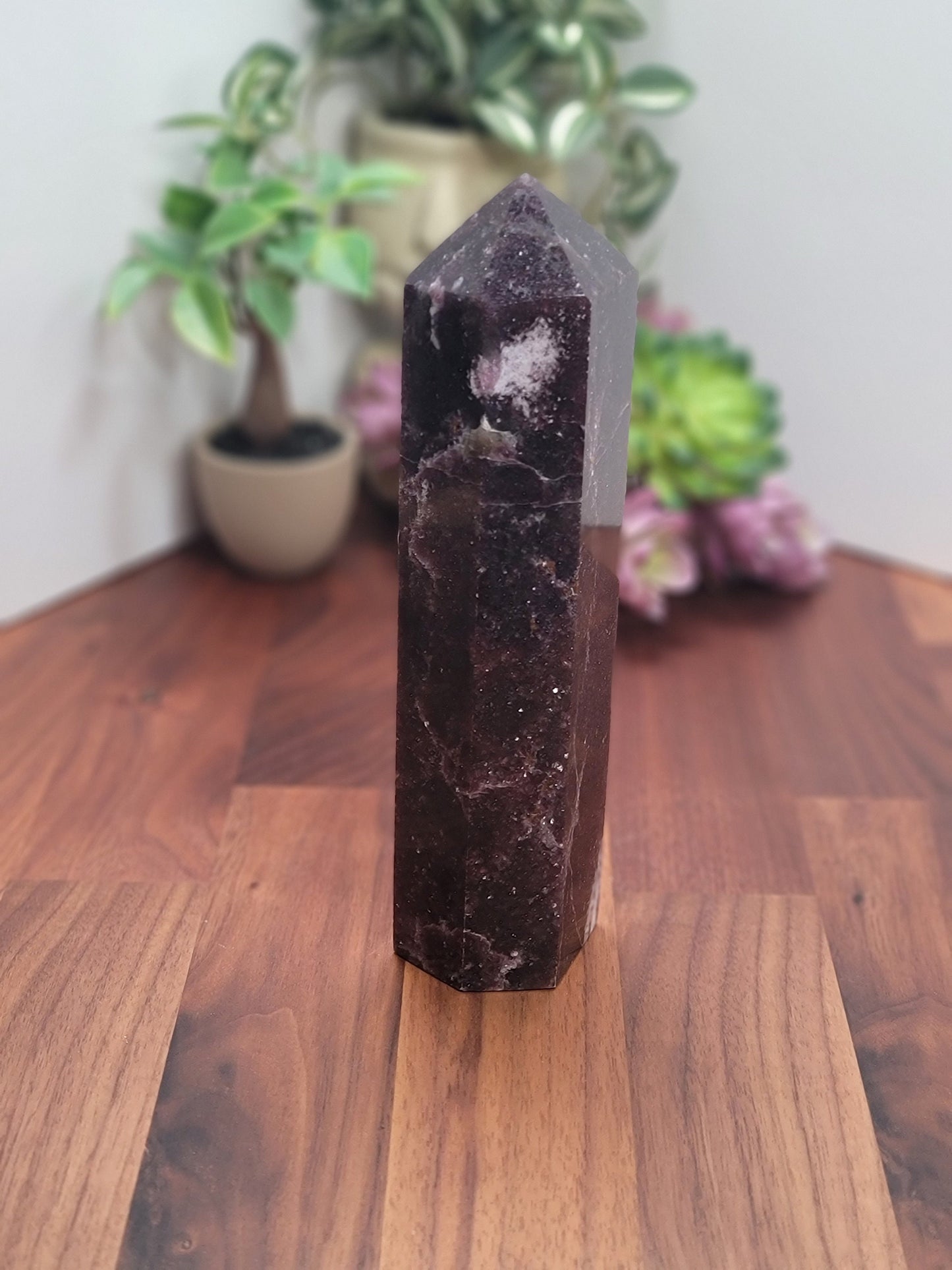 Unique Unicorn Stone Crystal Tower | (A) August - 7.75" | Purple Lepidolite, Pink Tourmaline & Smokey Quartz Point | Mermaidcore Night Sky