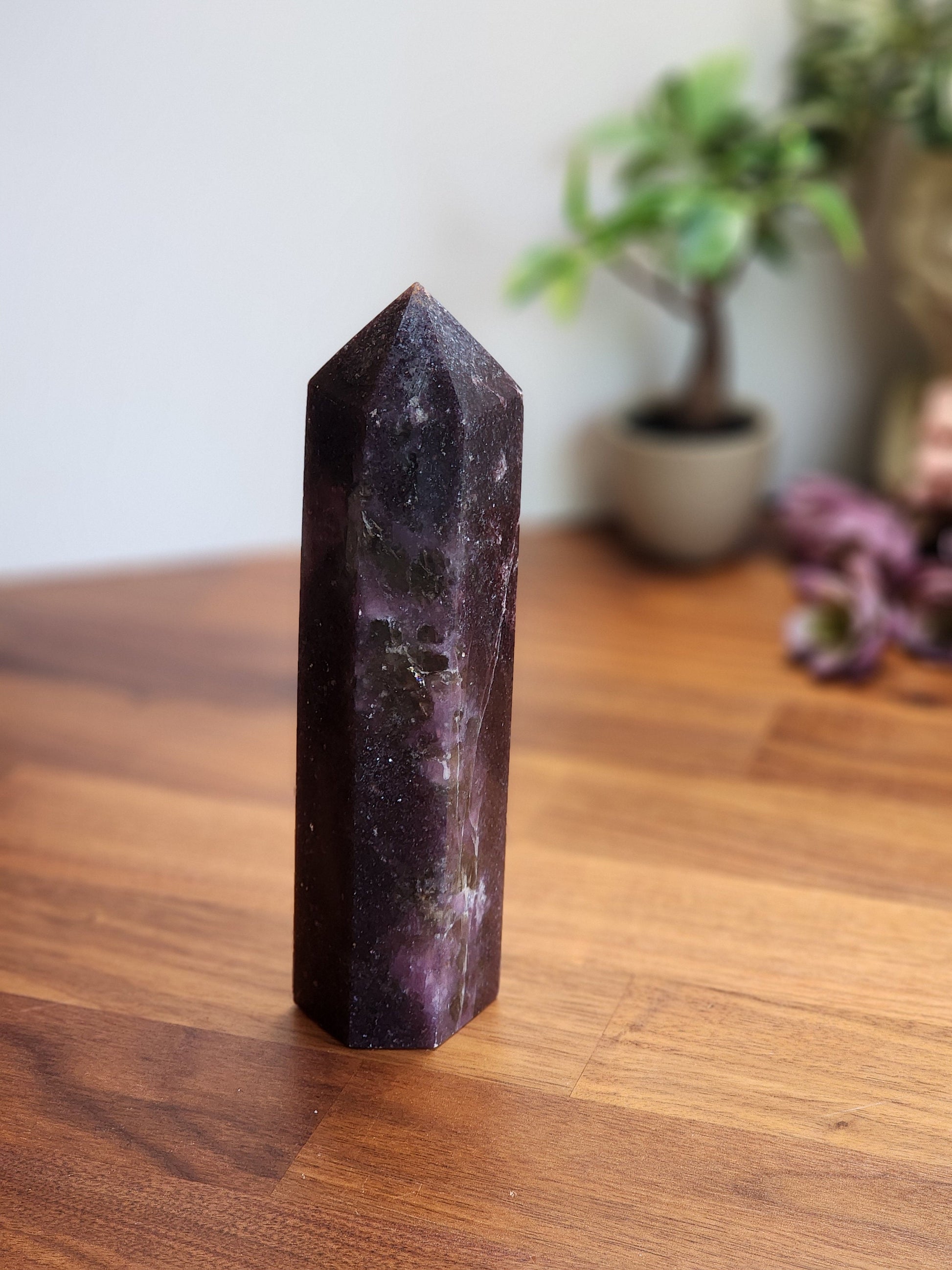Unicorn Stone Tower | Bedelia (B) | 7 inch | XL | Lepidolite, Pink Tourmaline & Smokey Quartz Crystal Point | Dark Purple | Galaxy Stone