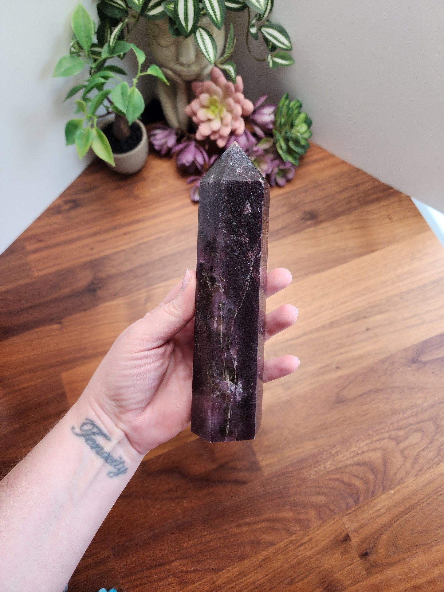 Unicorn Stone Tower | Bedelia (B) | 7 inch | XL | Lepidolite, Pink Tourmaline & Smokey Quartz Crystal Point | Dark Purple | Galaxy Stone
