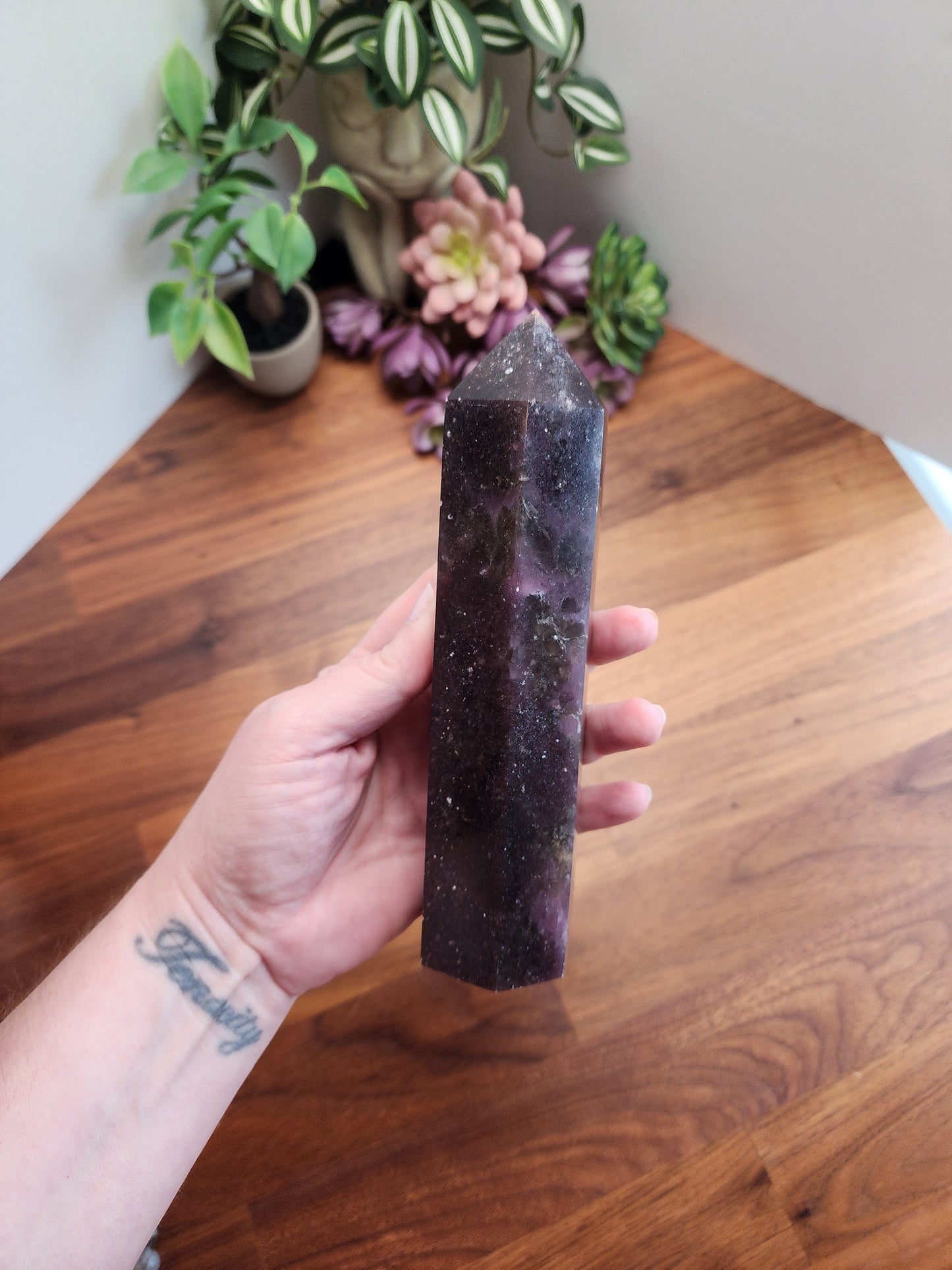 Unicorn Stone Tower | Bedelia (B) | 7 inch | XL | Lepidolite, Pink Tourmaline & Smokey Quartz Crystal Point | Dark Purple | Galaxy Stone