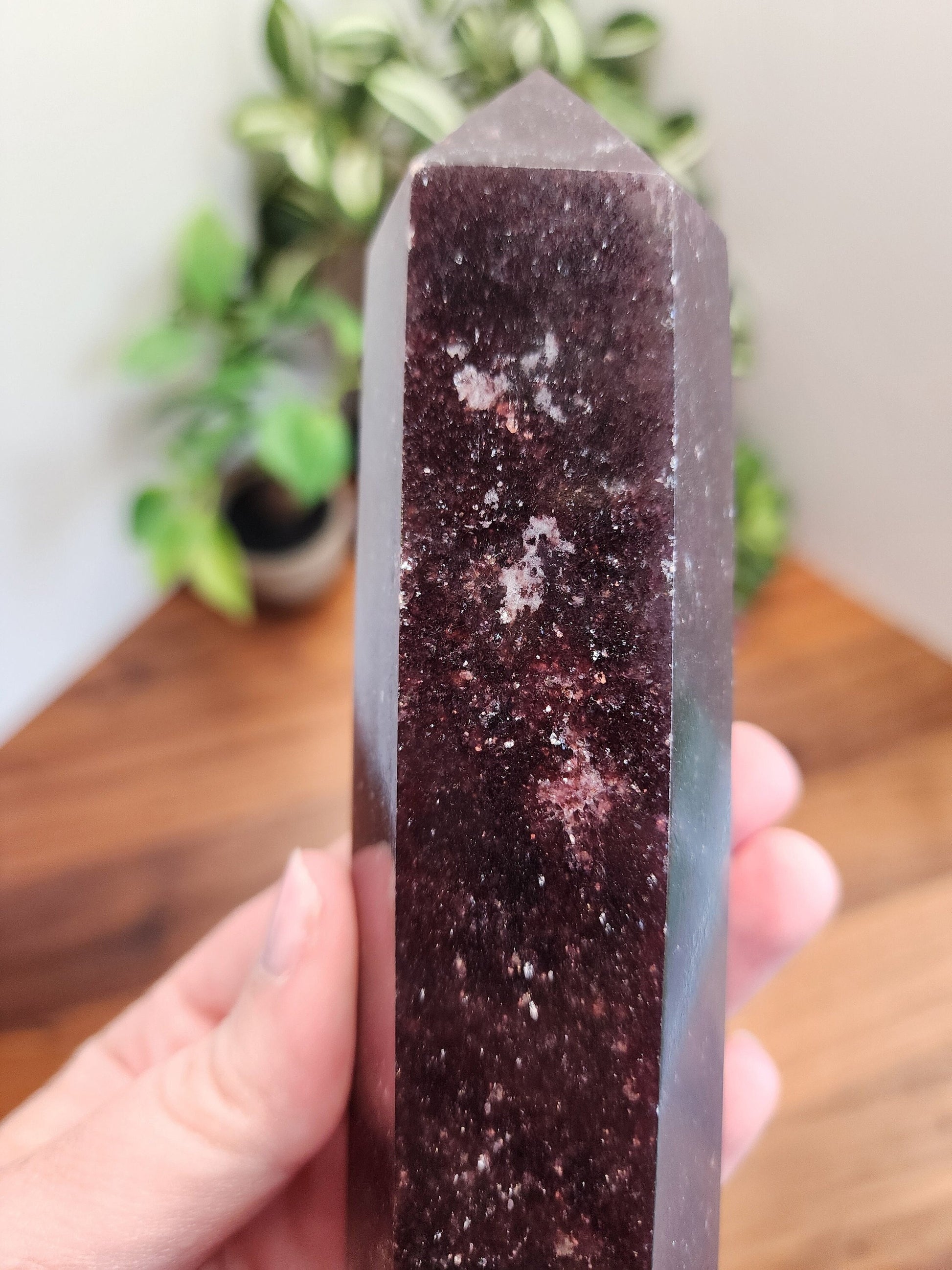 Unicorn Stone Tower | Cecelia (C) | 7.5 inch | XL | Lepidolite, Pink Tourmaline & Smokey Quartz Crystal Point | Dark Purple | Galaxy Stone