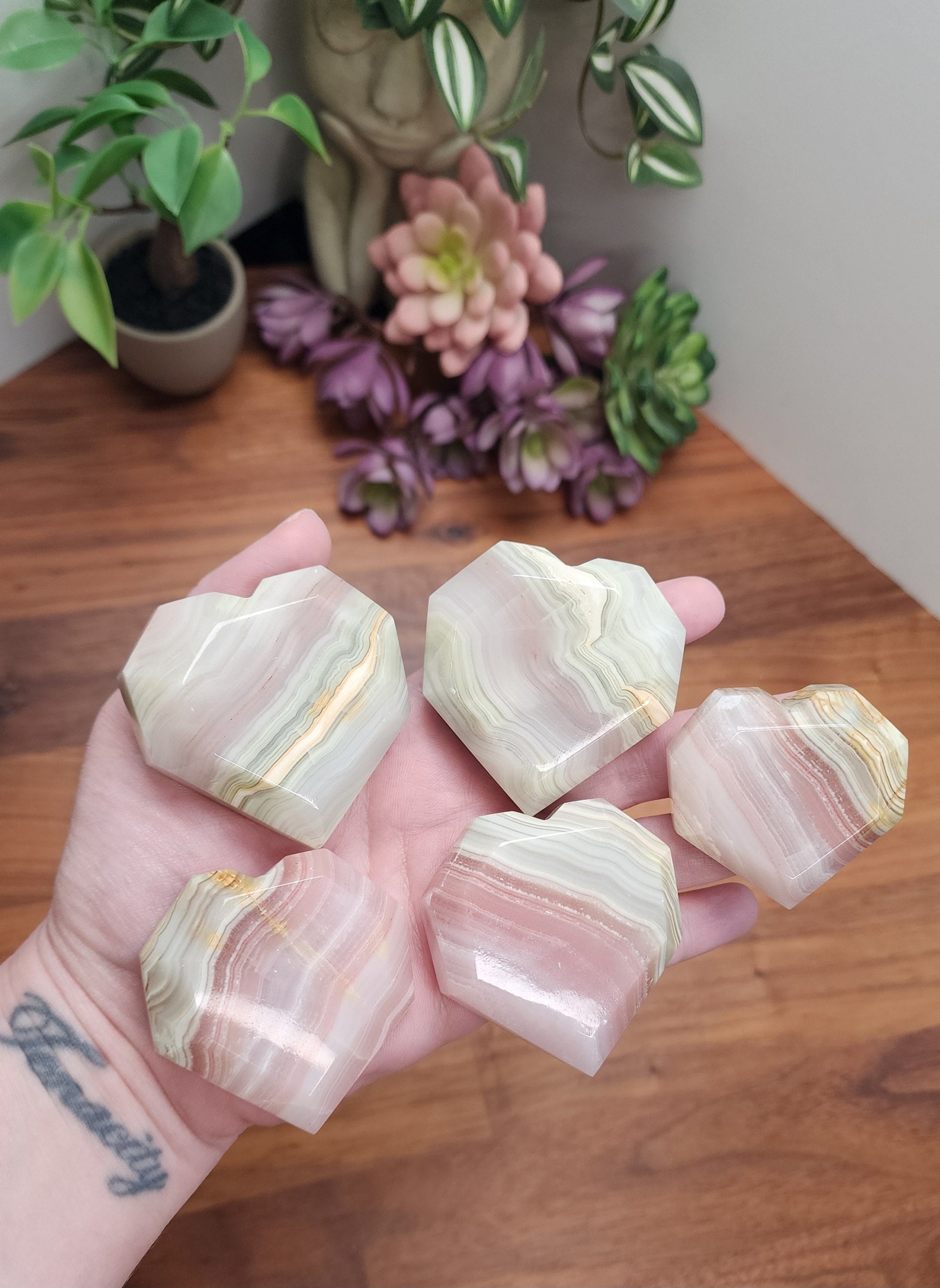 Pink Banded Onyx Faceted Hearts | Size | Standing Heart Carvings | Intuitively Chosen