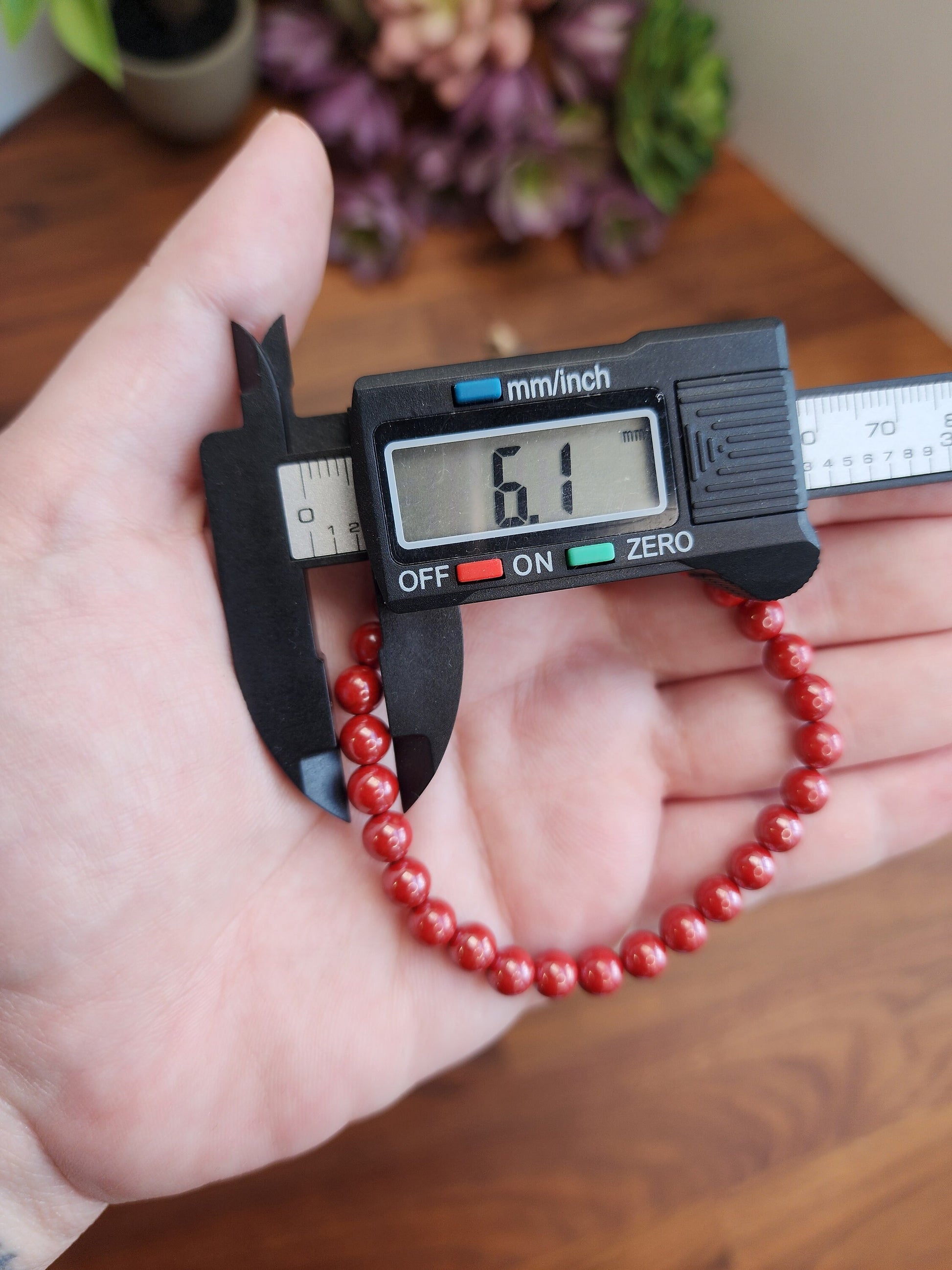 Cinnabar Crystal Bracelet | 6MM | Gorgeous Rosey Red Shimmer | Polished Crimson Beads on Stretchy Elastic Band | Classy Christmas Jewelry