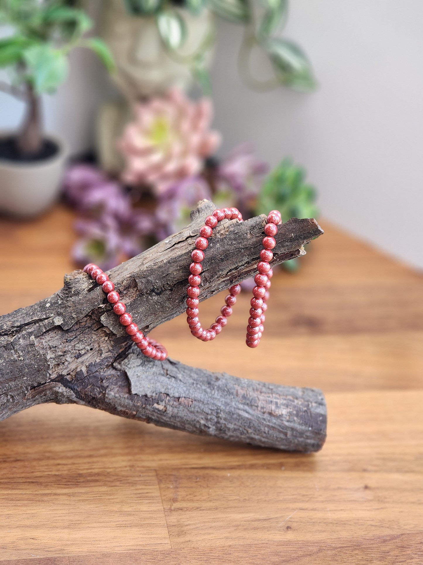 Cinnabar Crystal Bracelet | 6MM | Gorgeous Rosey Red Shimmer | Polished Crimson Beads on Stretchy Elastic Band | Classy Christmas Jewelry