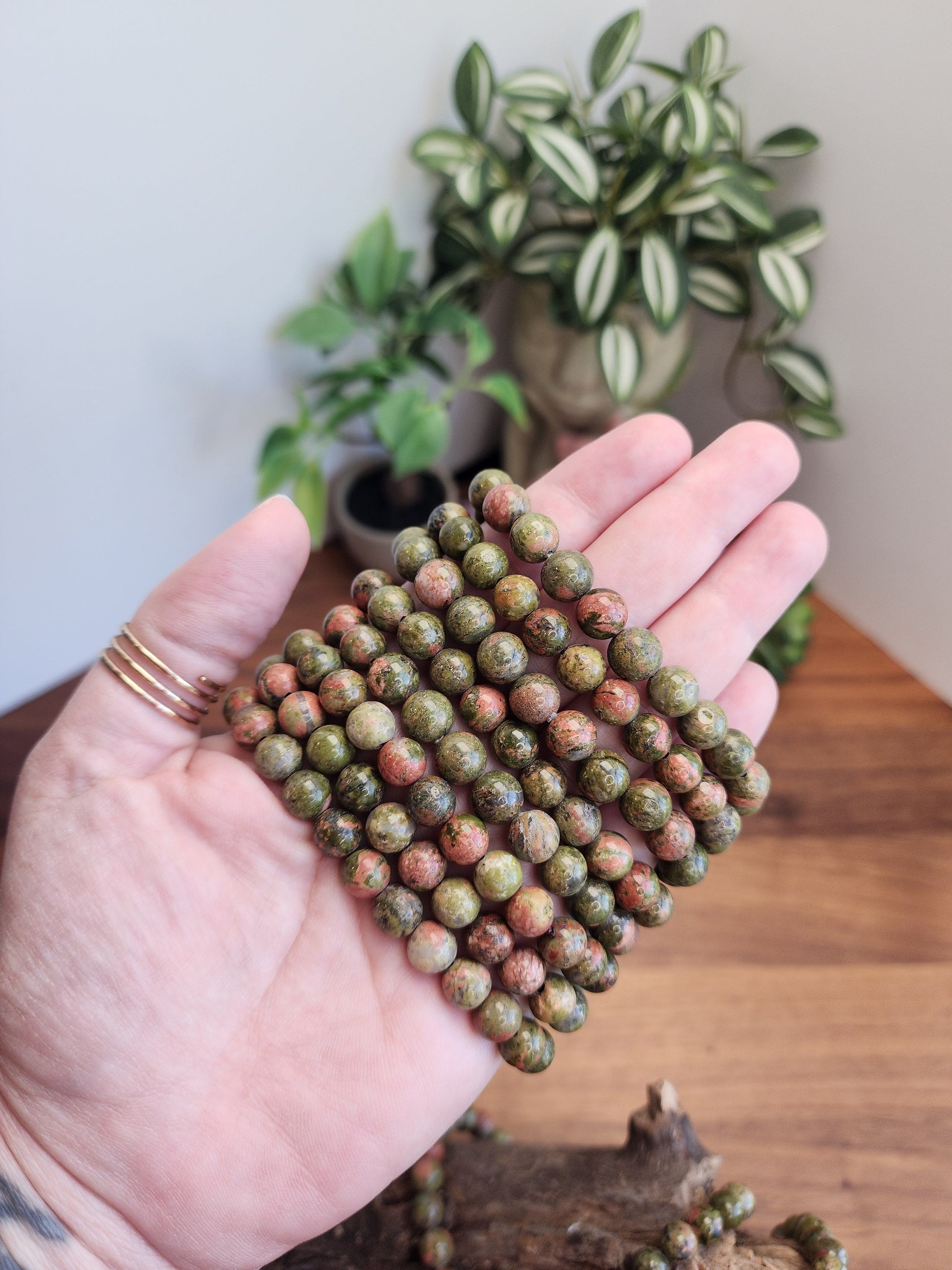 Unakite Crystal Bracelet | 8MM | Natural Green Beads with Orange and Pink | Earthly Granola Girl Jewelry for Nature Lovers | Fall & Autumn