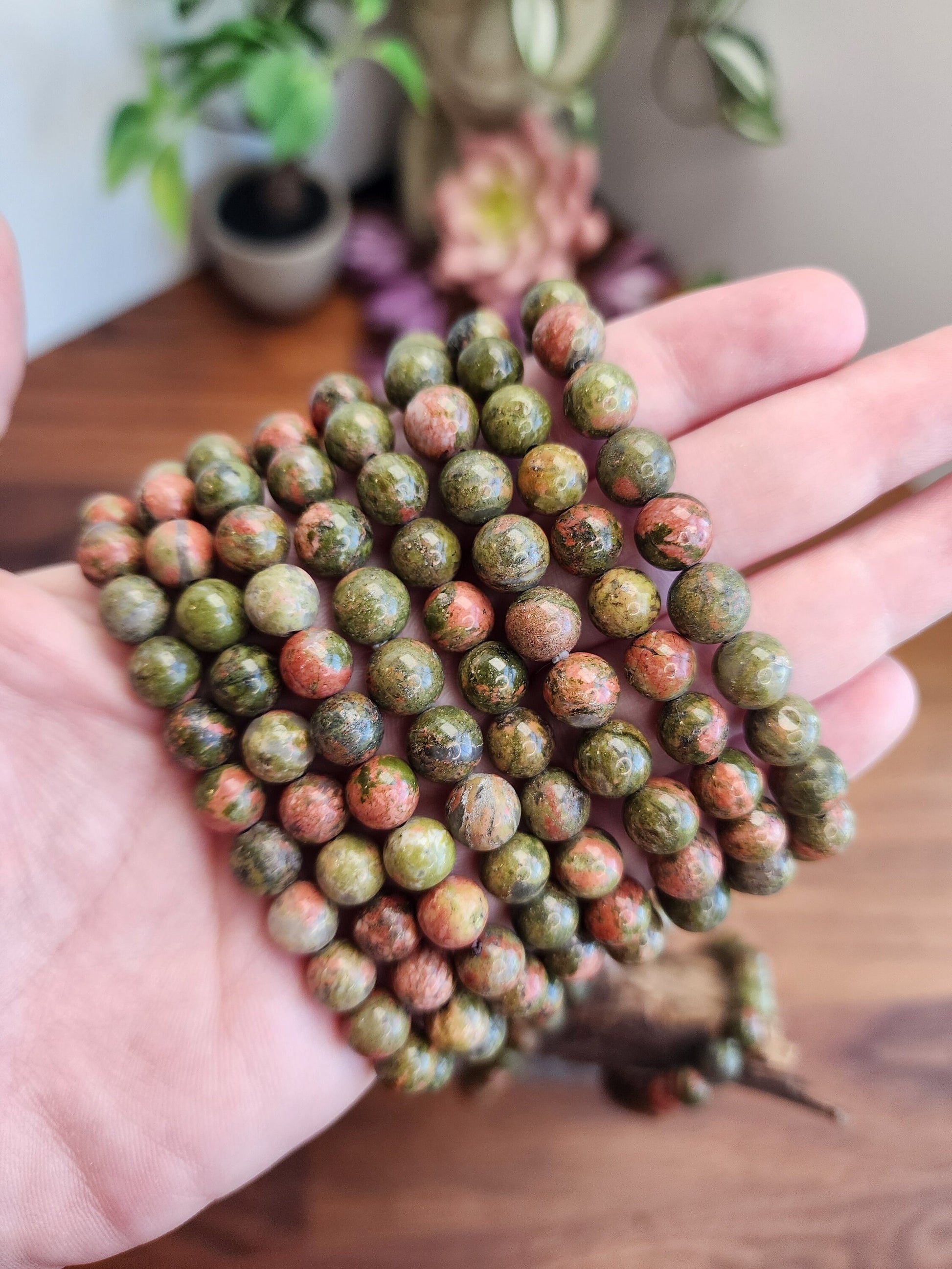 Unakite Crystal Bracelet | 8MM | Natural Green Beads with Orange and Pink | Earthly Granola Girl Jewelry for Nature Lovers | Fall & Autumn