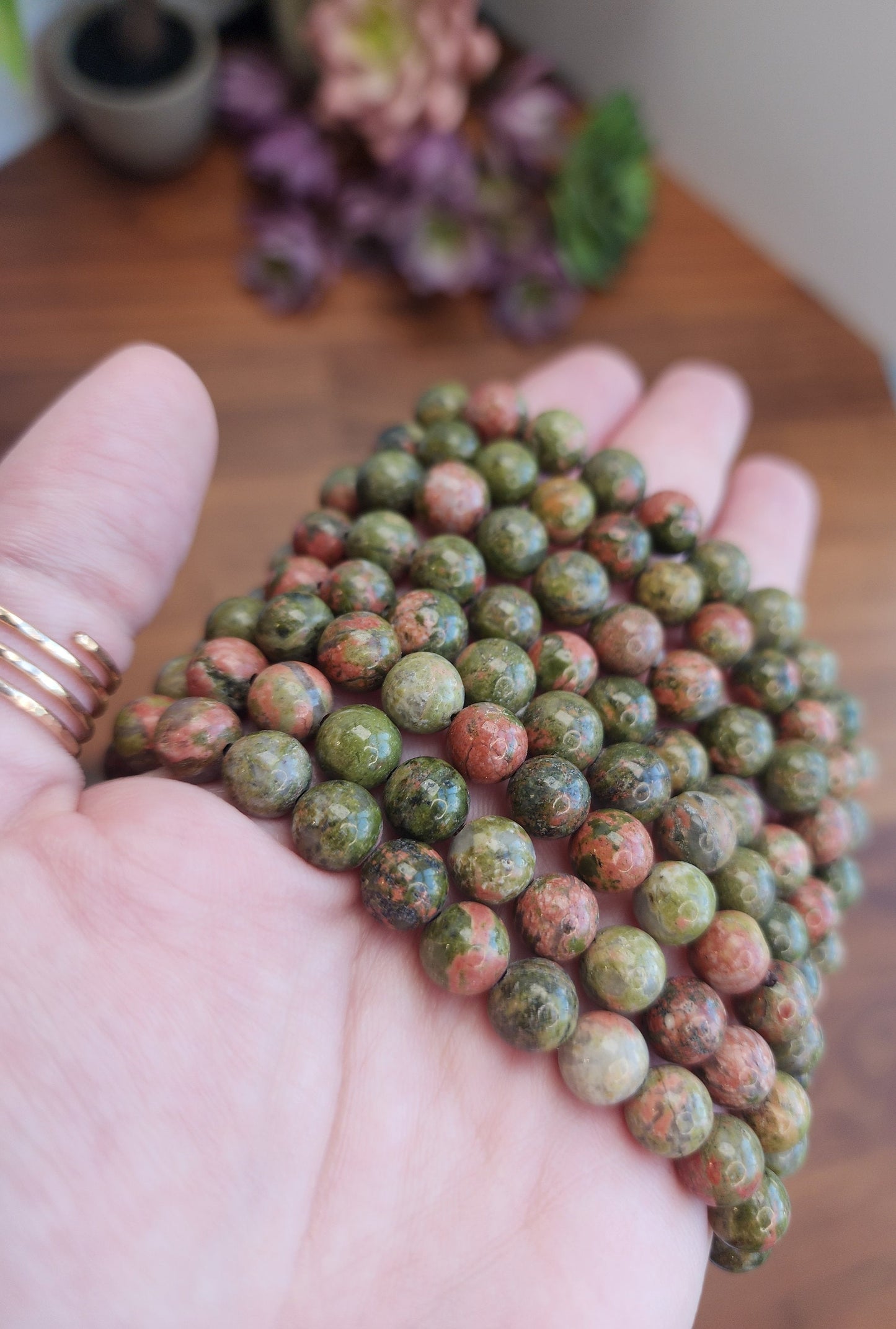 Unakite Crystal Bracelet | 8MM | Natural Green Beads with Orange and Pink | Earthly Granola Girl Jewelry for Nature Lovers | Fall & Autumn