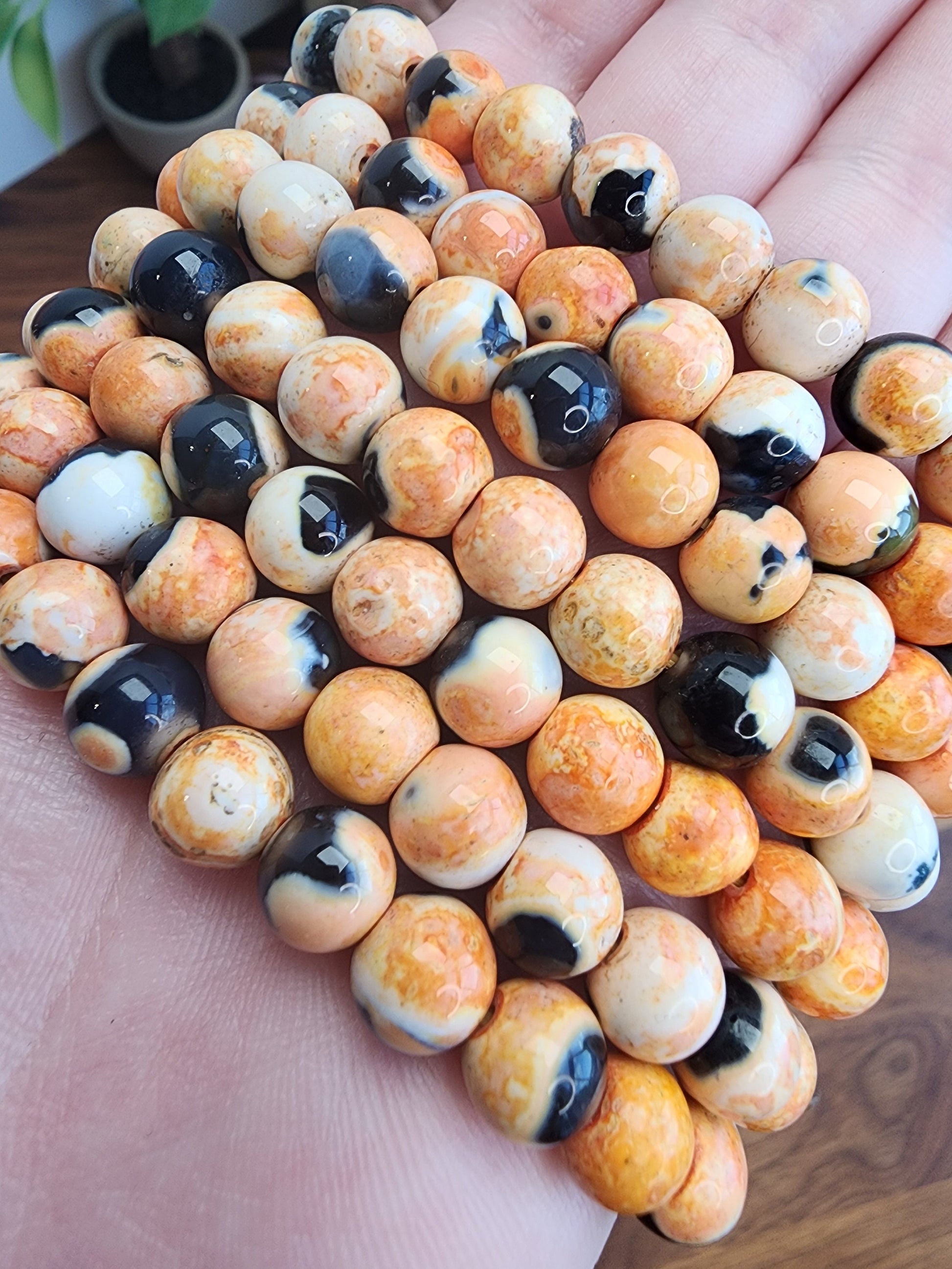 Orange Dream Black Agate Crystal Bracelet | 8MM Agalmatolite Beads | Orange, Black, White | Halloween Jewelry for Spooky Season & Summerween