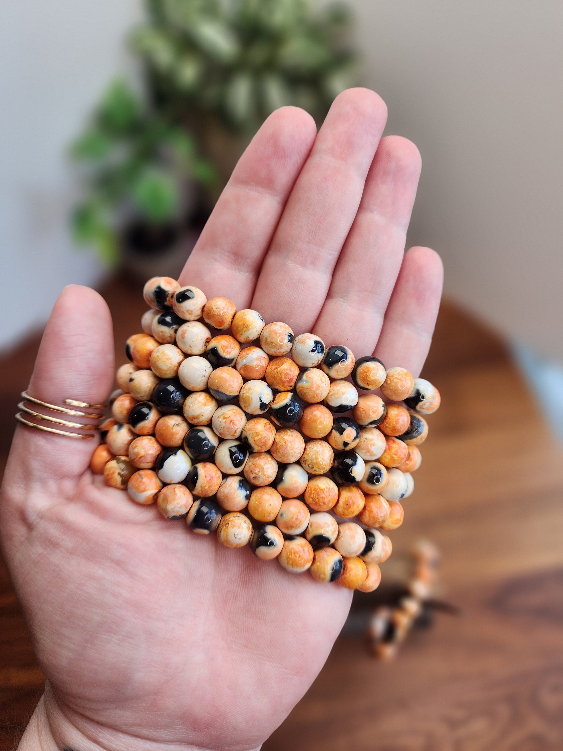 Orange Dream Black Agate Crystal Bracelet | 8MM Agalmatolite Beads | Orange, Black, White | Halloween Jewelry for Spooky Season & Summerween