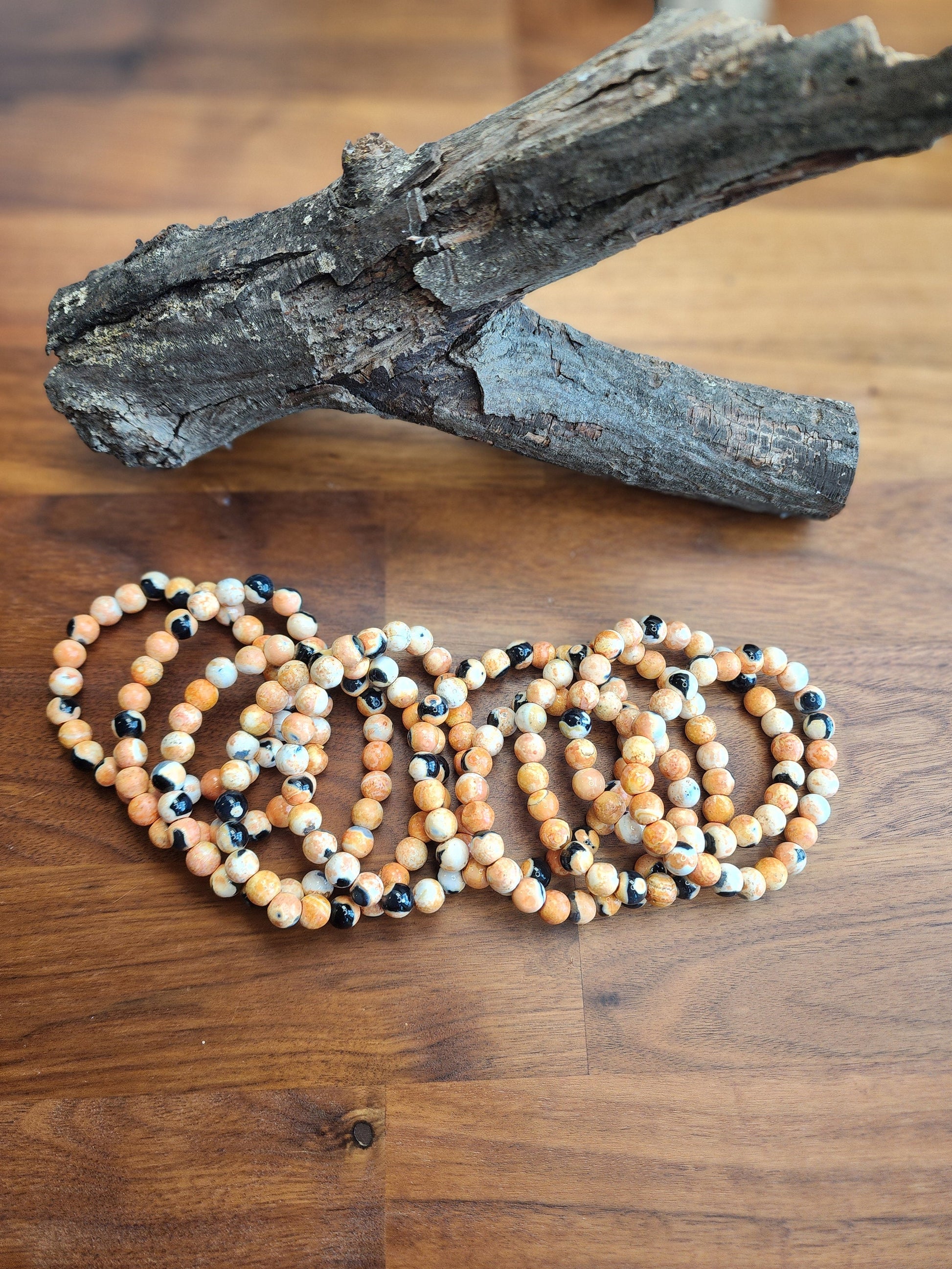 Orange Dream Black Agate Crystal Bracelet | 8MM Agalmatolite Beads | Orange, Black, White | Halloween Jewelry for Spooky Season & Summerween