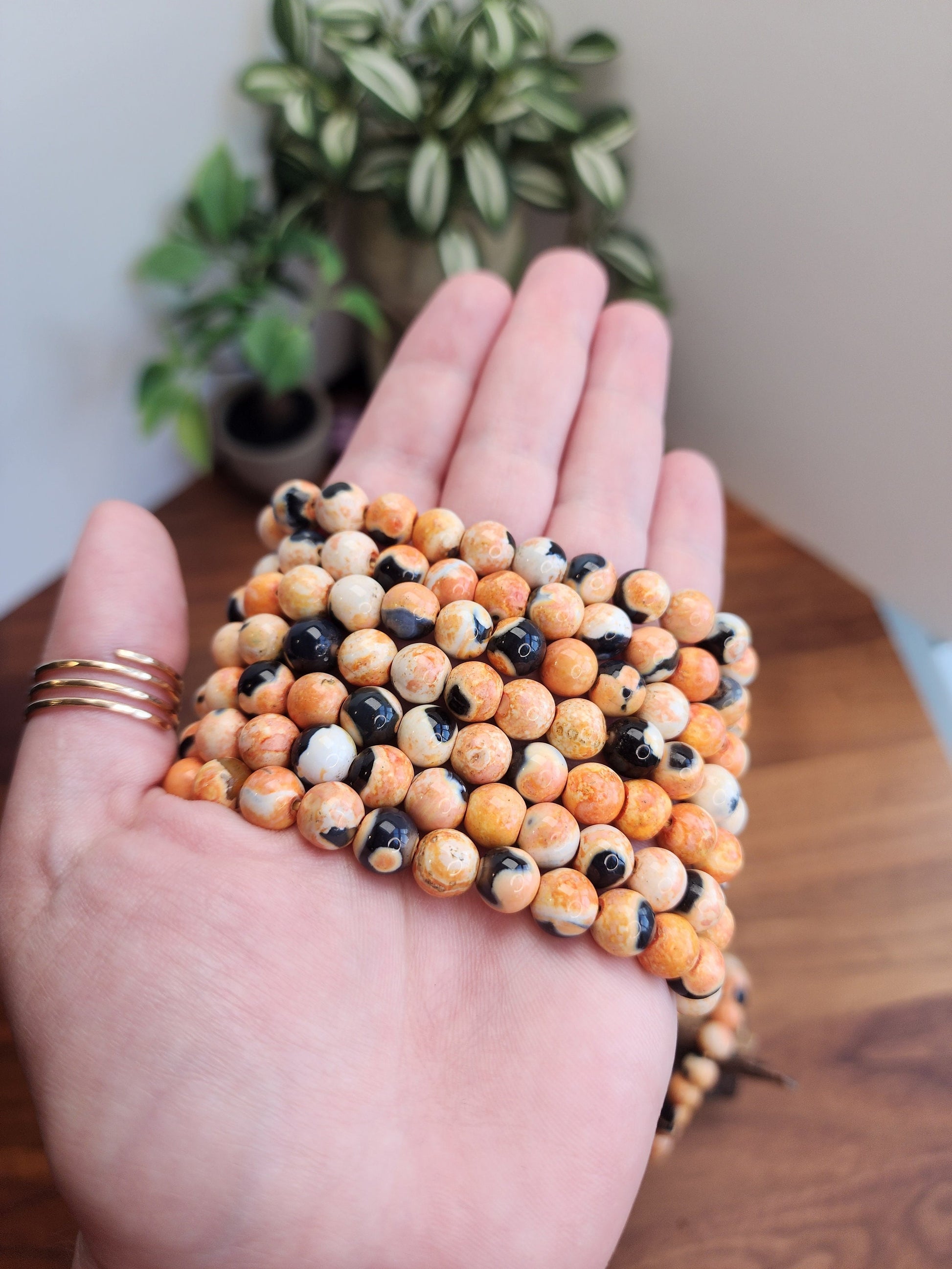 Orange Dream Black Agate Crystal Bracelet | 8MM Agalmatolite Beads | Orange, Black, White | Halloween Jewelry for Spooky Season & Summerween