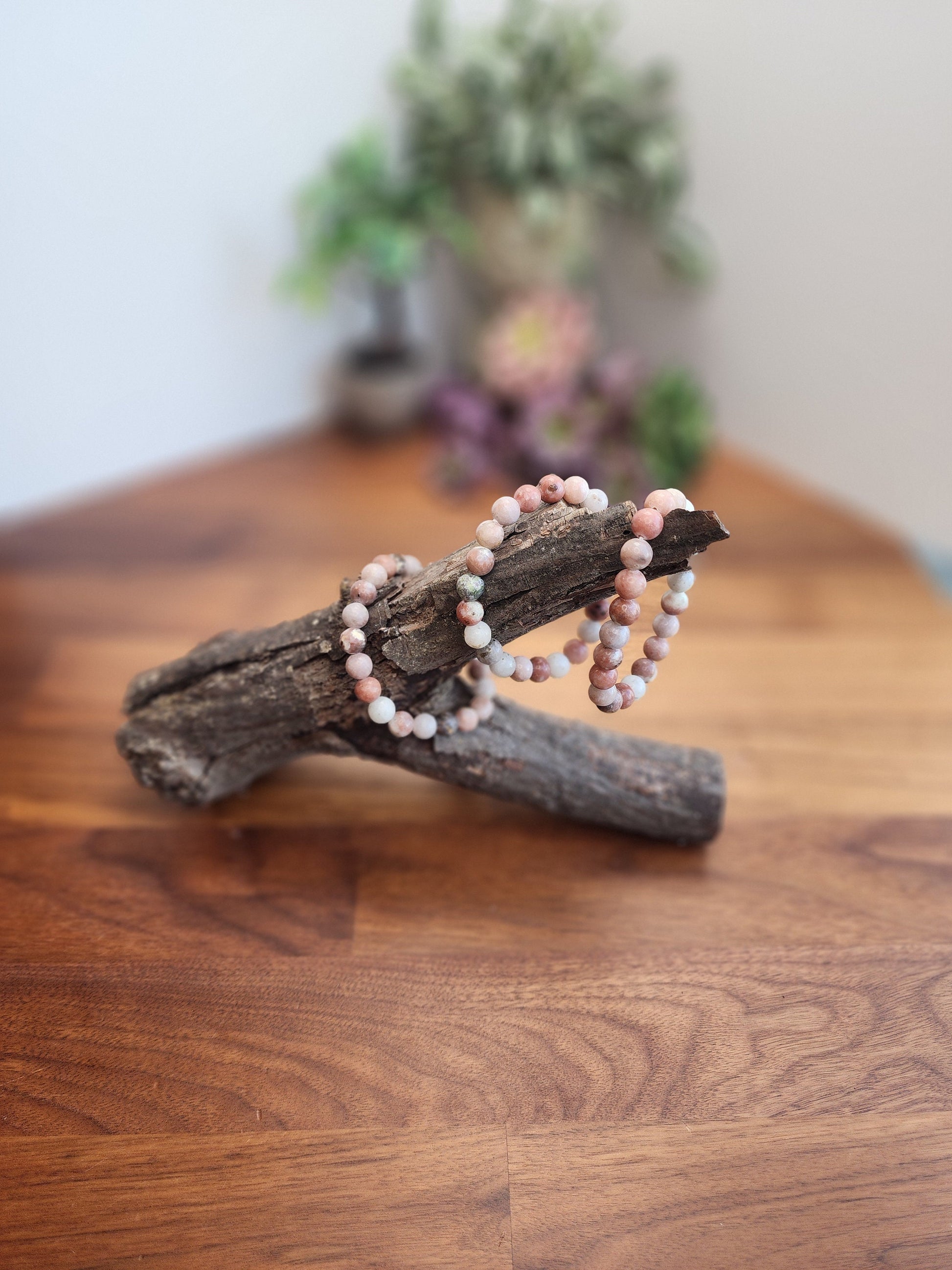 Pink Spicy Jasper Bracelet | 8MM Crystal Beads | Red Plum Jasper | Pink, and White Stone Jewelry with hints of green | Lotus Tourmaline