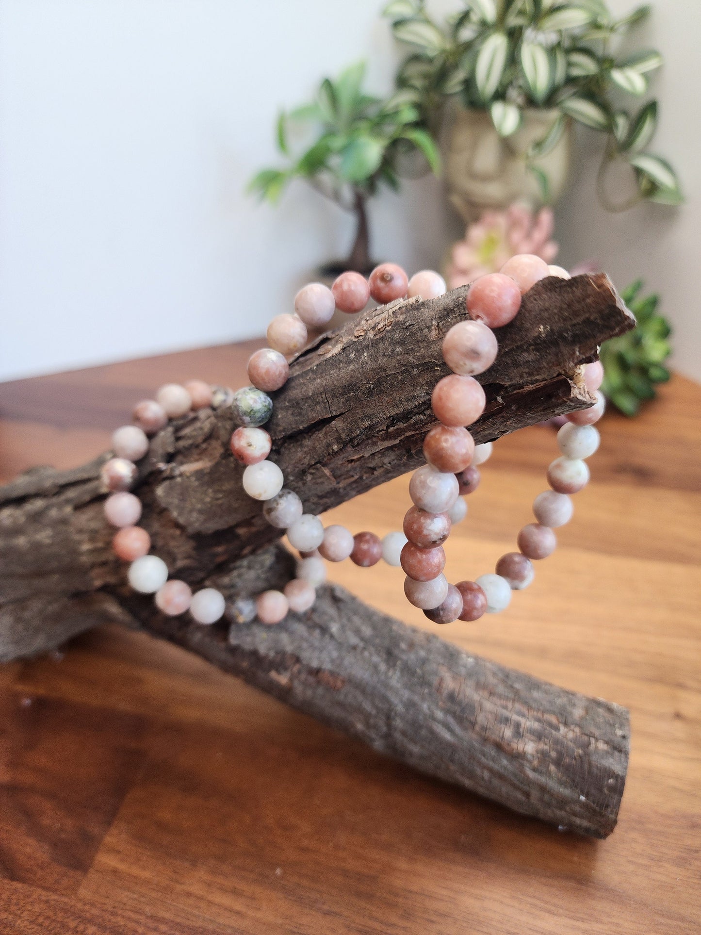 Pink Spicy Jasper Bracelet | 8MM Crystal Beads | Red Plum Jasper | Pink, and White Stone Jewelry with hints of green | Lotus Tourmaline