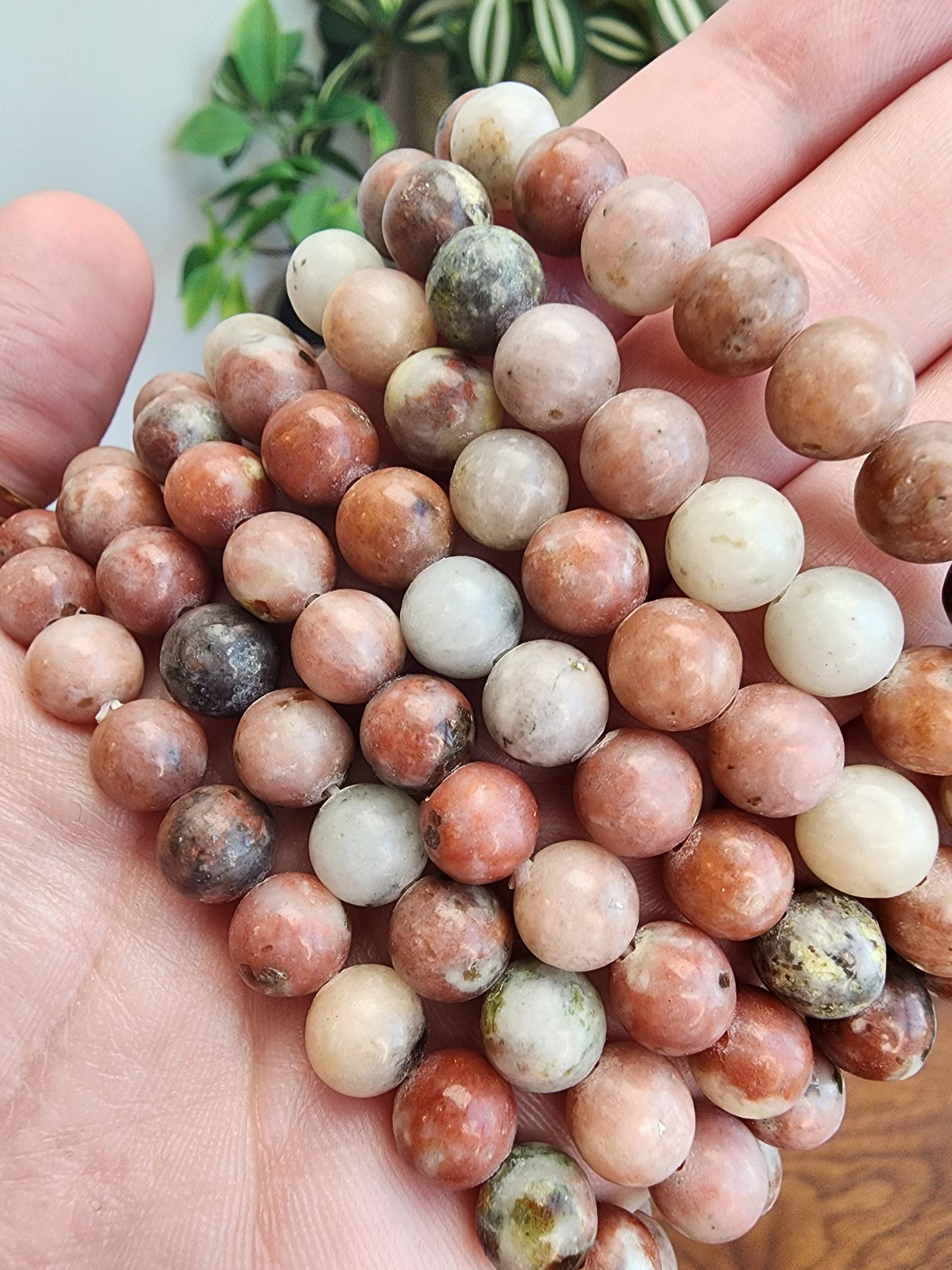 Pink Spicy Jasper Bracelet | 8MM Crystal Beads | Red Plum Jasper | Pink, and White Stone Jewelry with hints of green | Lotus Tourmaline