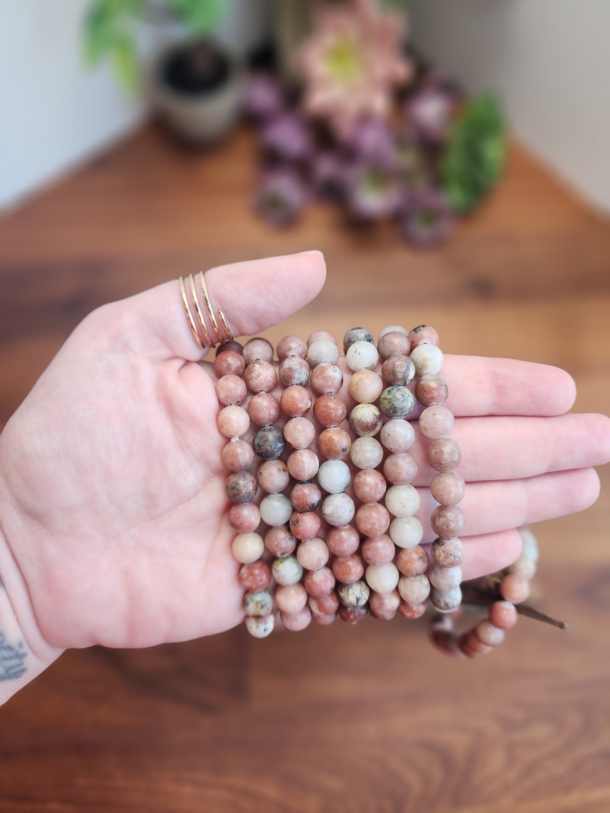 Pink Spicy Jasper Bracelet | 8MM Crystal Beads | Red Plum Jasper | Pink, and White Stone Jewelry with hints of green | Lotus Tourmaline