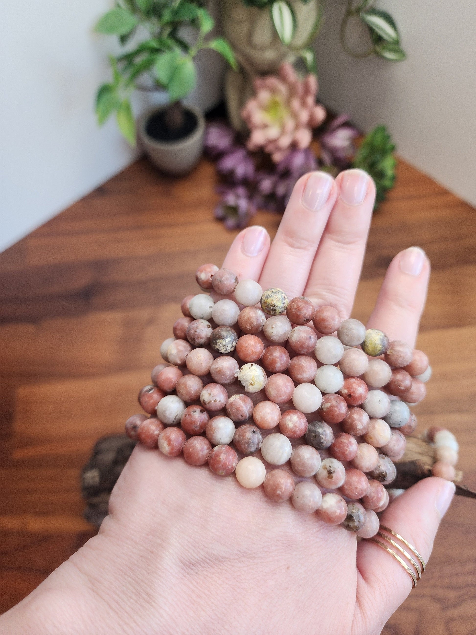 Pink Spicy Jasper Bracelet | 8MM Crystal Beads | Red Plum Jasper | Pink, and White Stone Jewelry with hints of green | Lotus Tourmaline