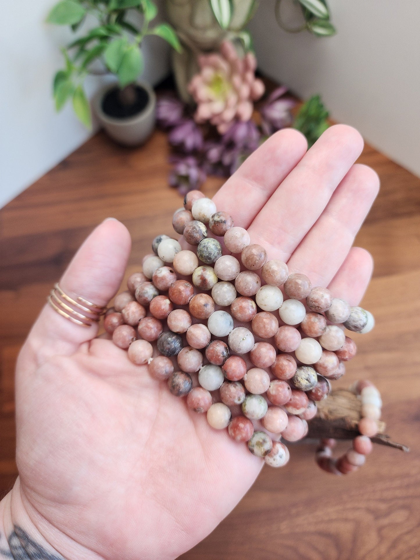 Pink Spicy Jasper Bracelet | 8MM Crystal Beads | Red Plum Jasper | Pink, and White Stone Jewelry with hints of green | Lotus Tourmaline