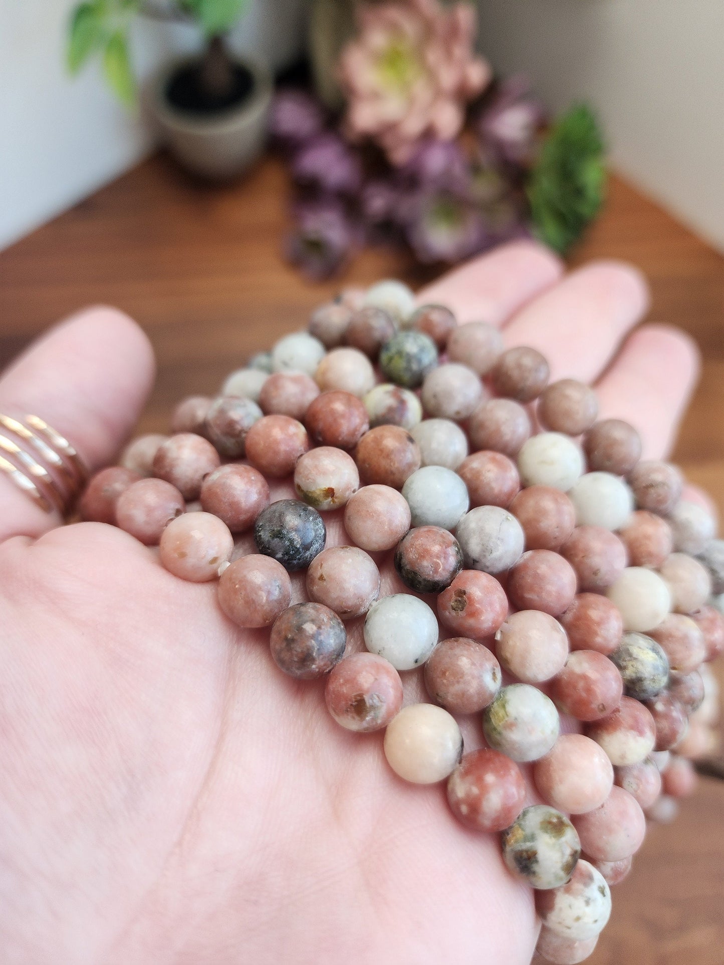 Pink Spicy Jasper Bracelet | 8MM Crystal Beads | Red Plum Jasper | Pink, and White Stone Jewelry with hints of green | Lotus Tourmaline