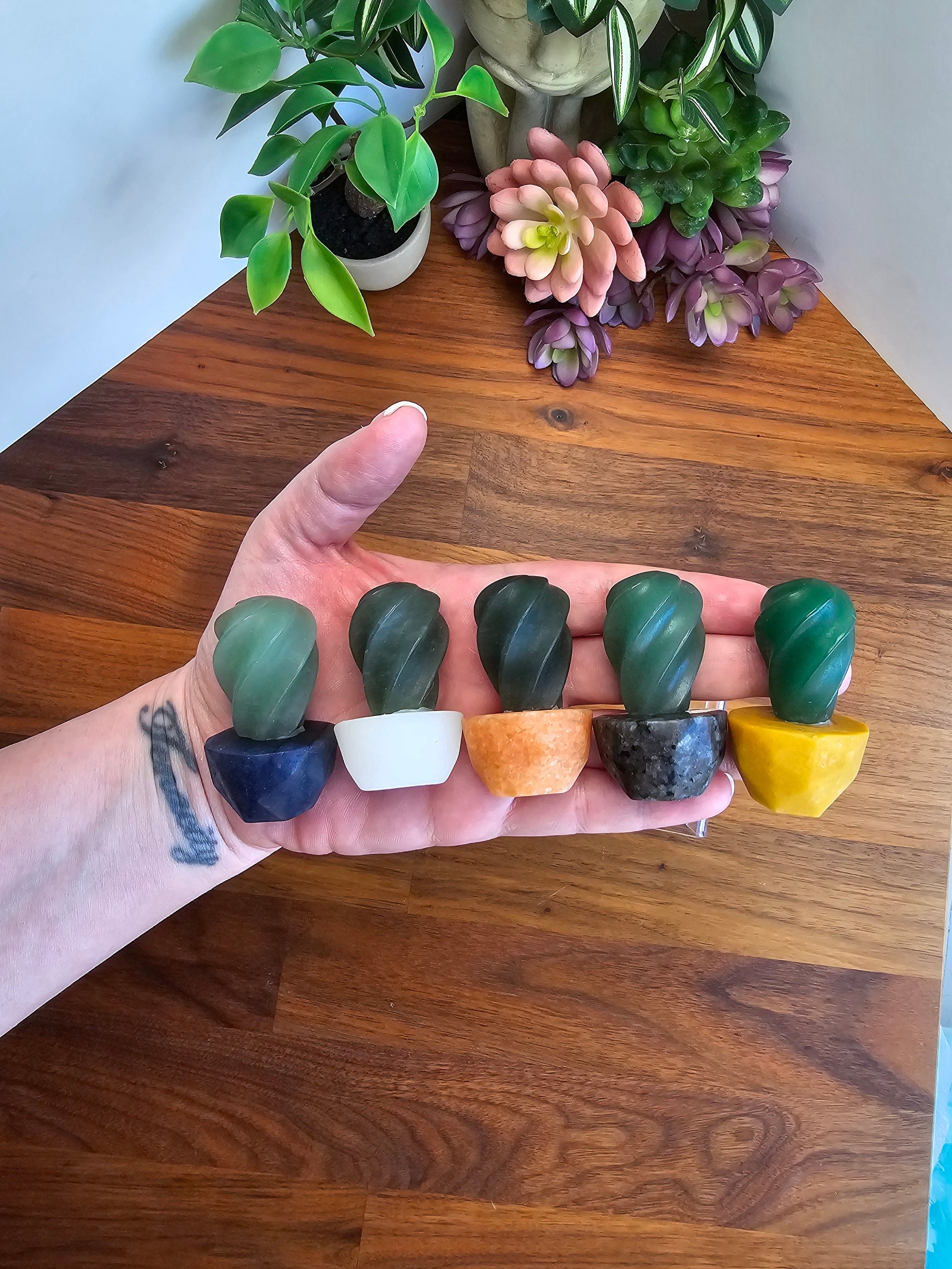 Cute Crystal Cactus Friends | Around 2" | Green Aventurine in Earthy Planters | Rock & Plant Lovers Unite! | Intuitively Chosen