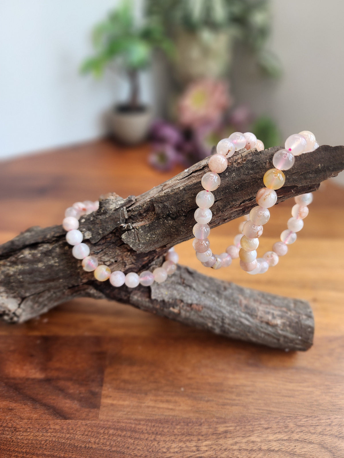 Flower Agate Bracelet: 8MM Crystal beads in peachy pink hues with Blossom Inclusions | Spring or Easter | Summer Garden Outfit Idea