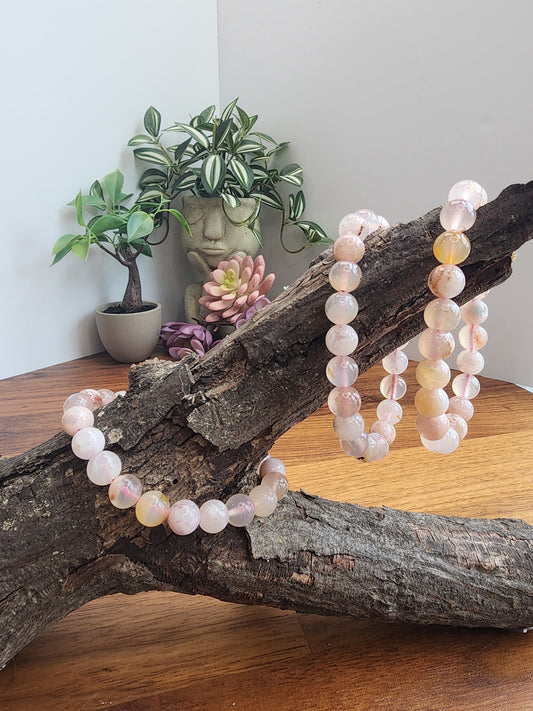 Flower Agate Bracelet: 8MM Crystal beads in peachy pink hues with Blossom Inclusions | Spring or Easter | Summer Garden Outfit Idea